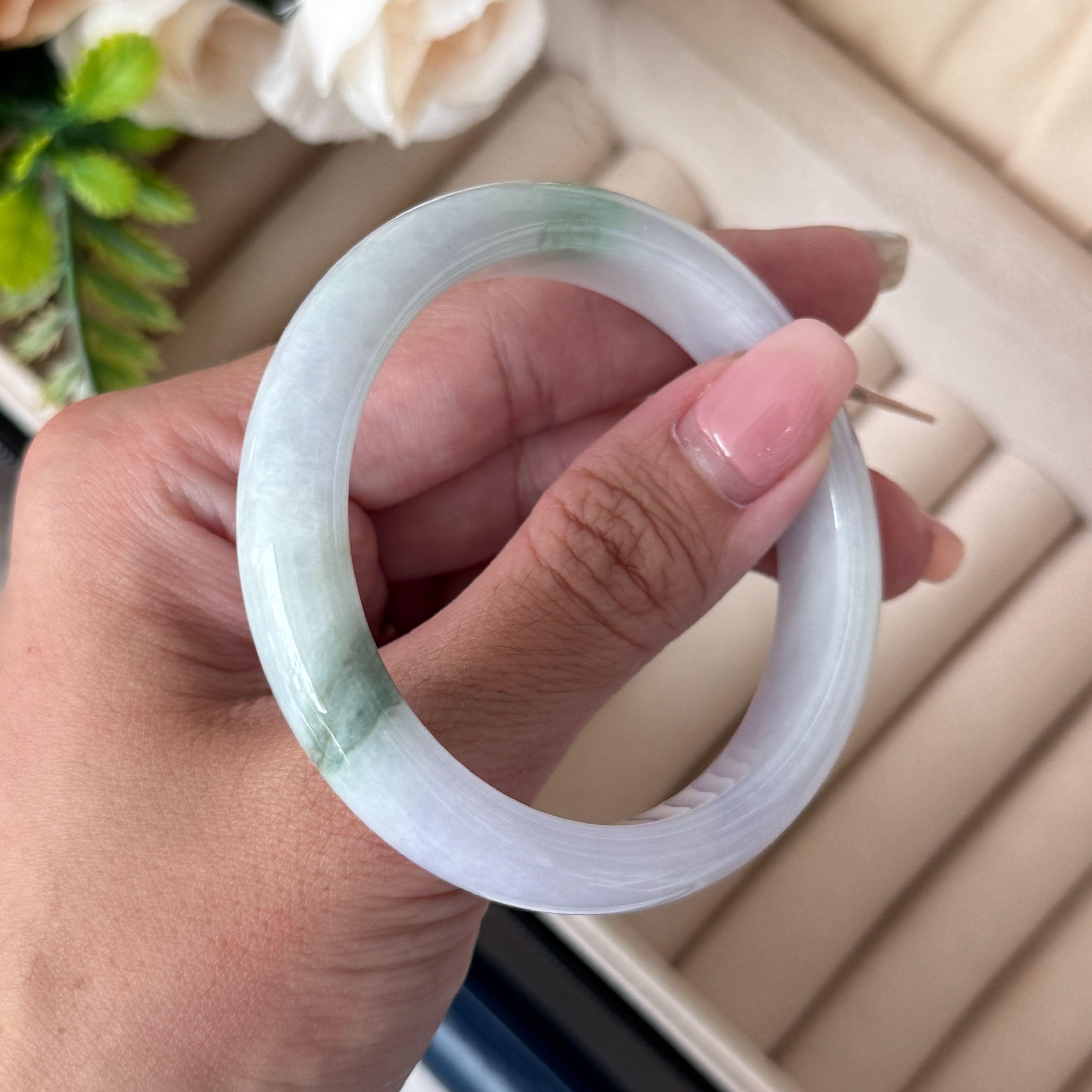 Grade A Snowy Indigo Flora Green Jade Bangle - S52/45.3g