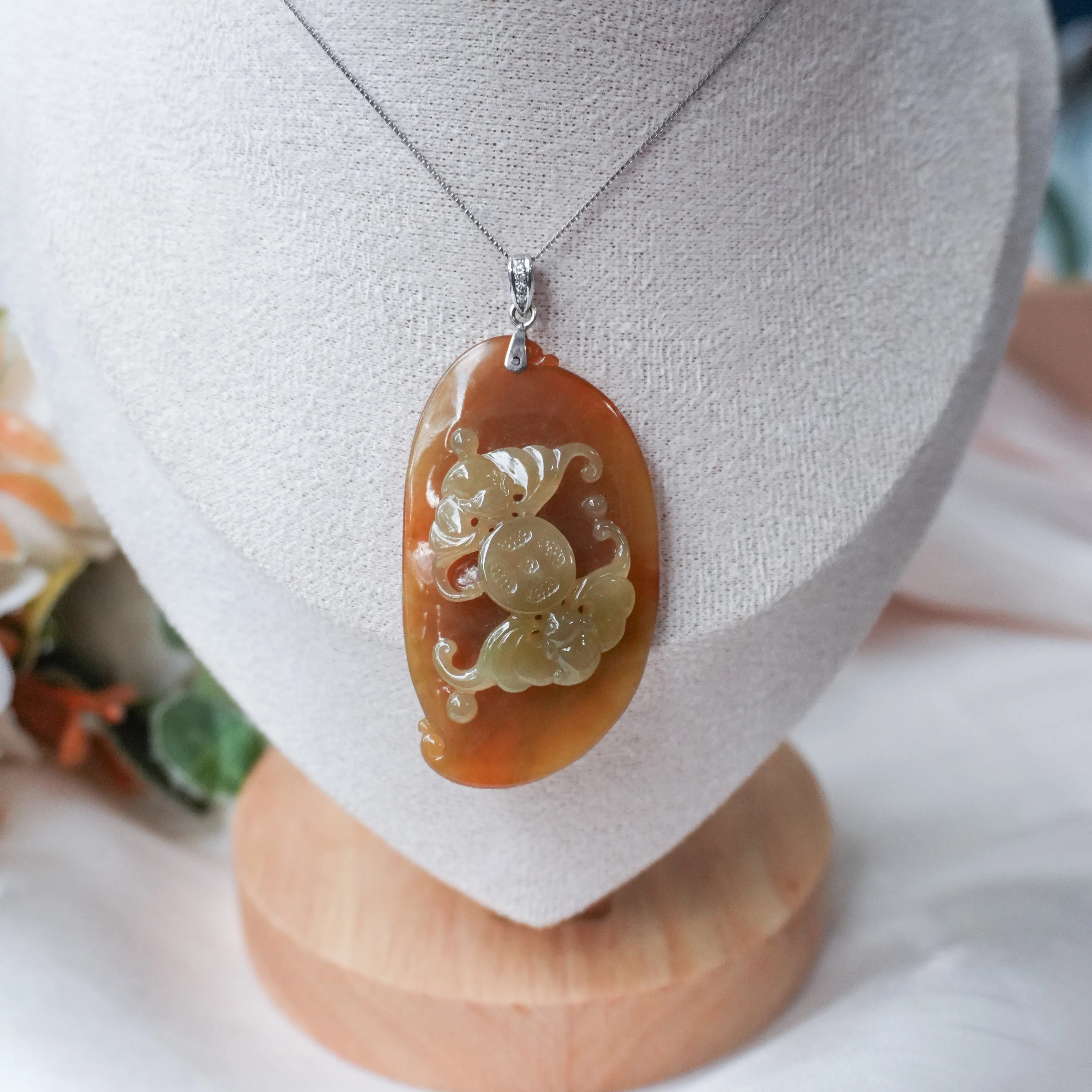 Grade A Red Jade Wealth Bats on Coin Pendant