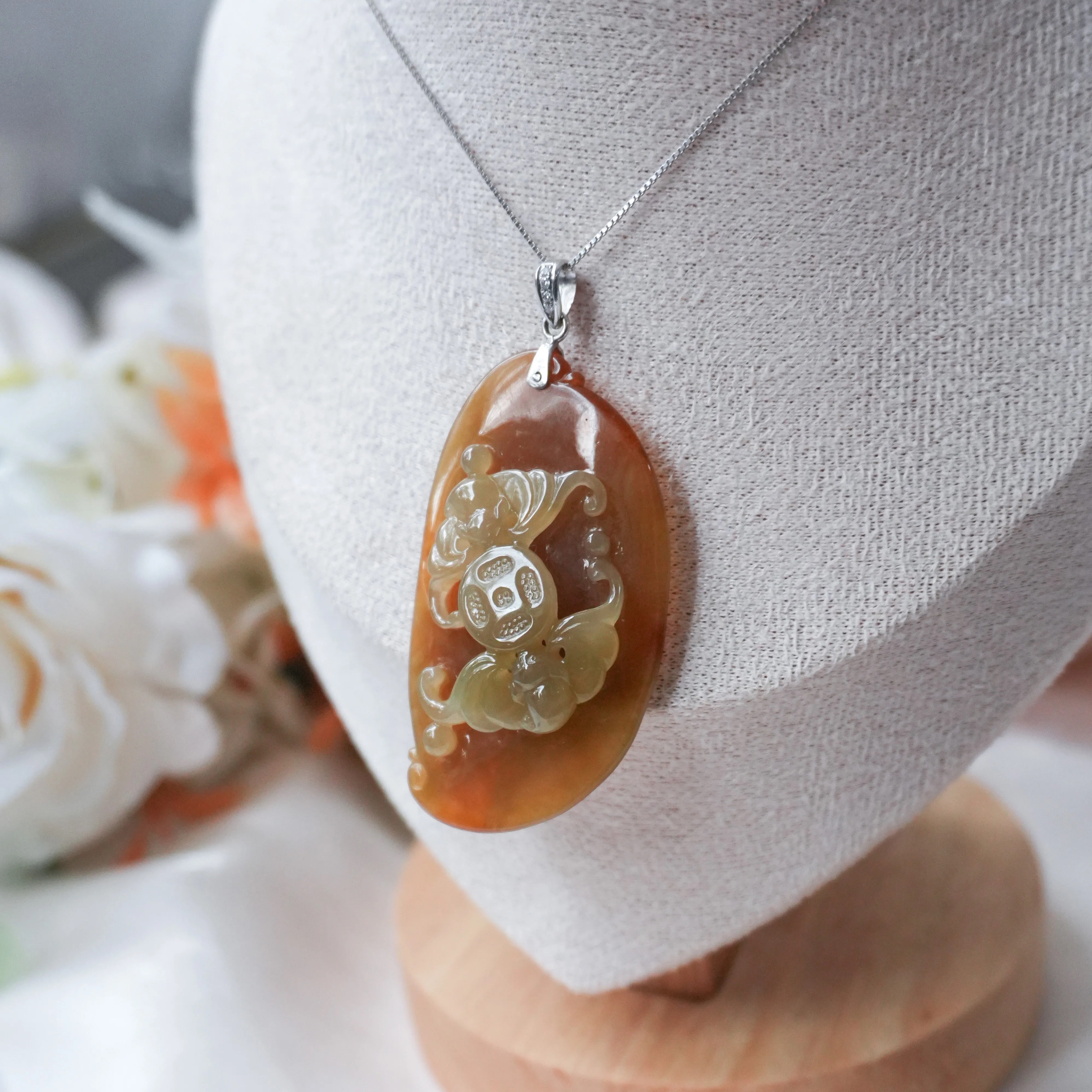 Grade A Red Jade Wealth Bats on Coin Pendant