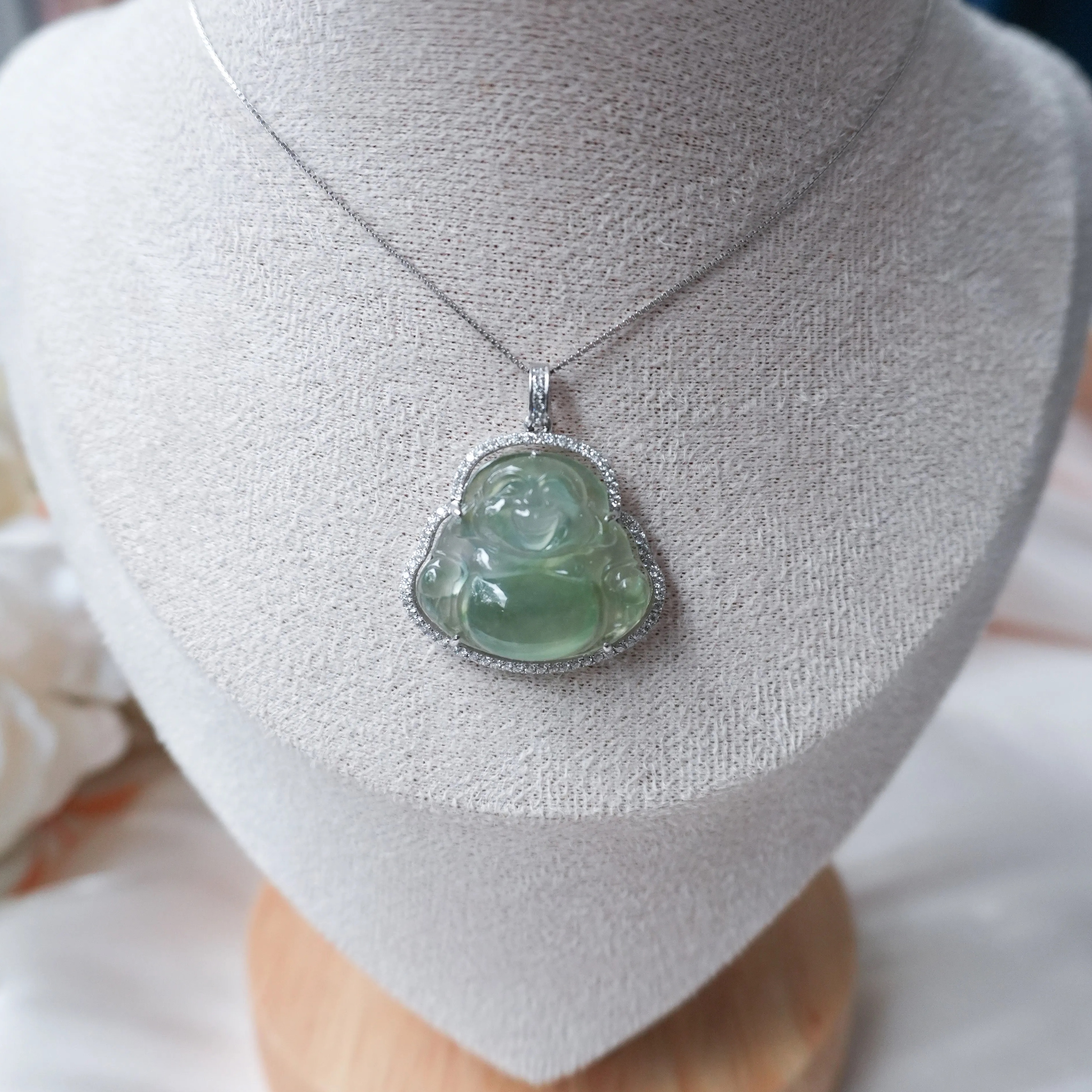 Grade A Ice Green Jade Laughing Buddha Pendant