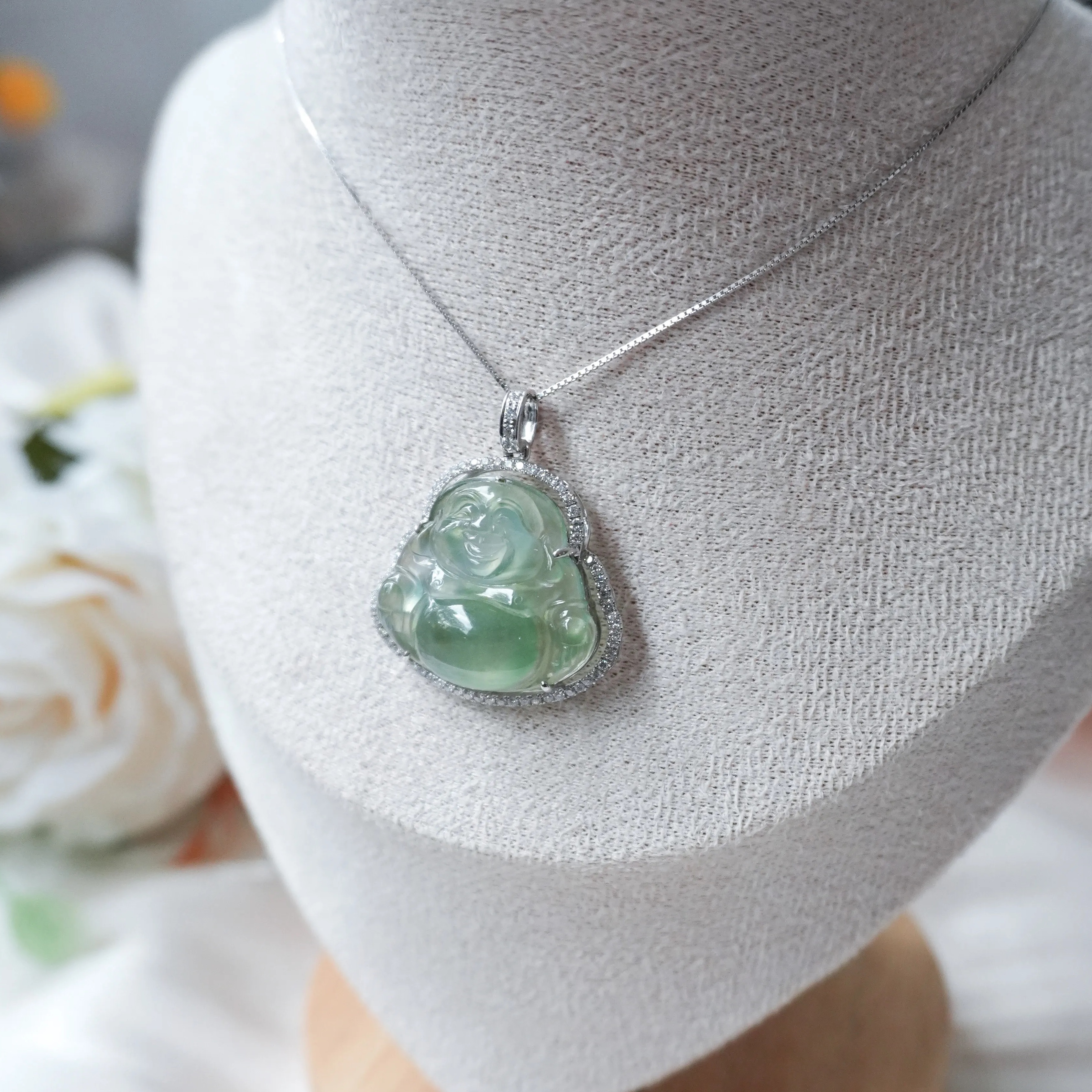 Grade A Ice Green Jade Laughing Buddha Pendant