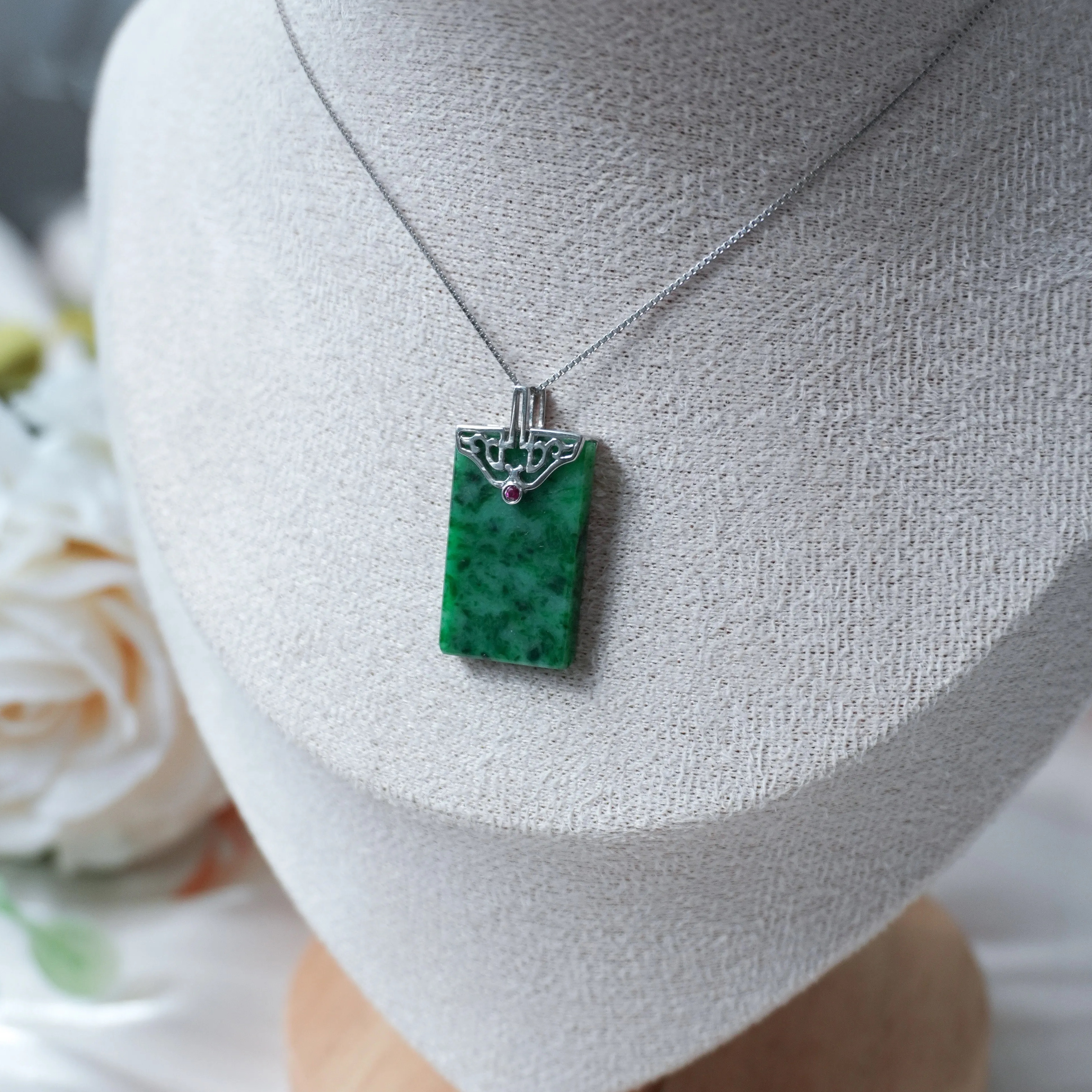 Grade A Laokeng Flower Green Jade Pendant