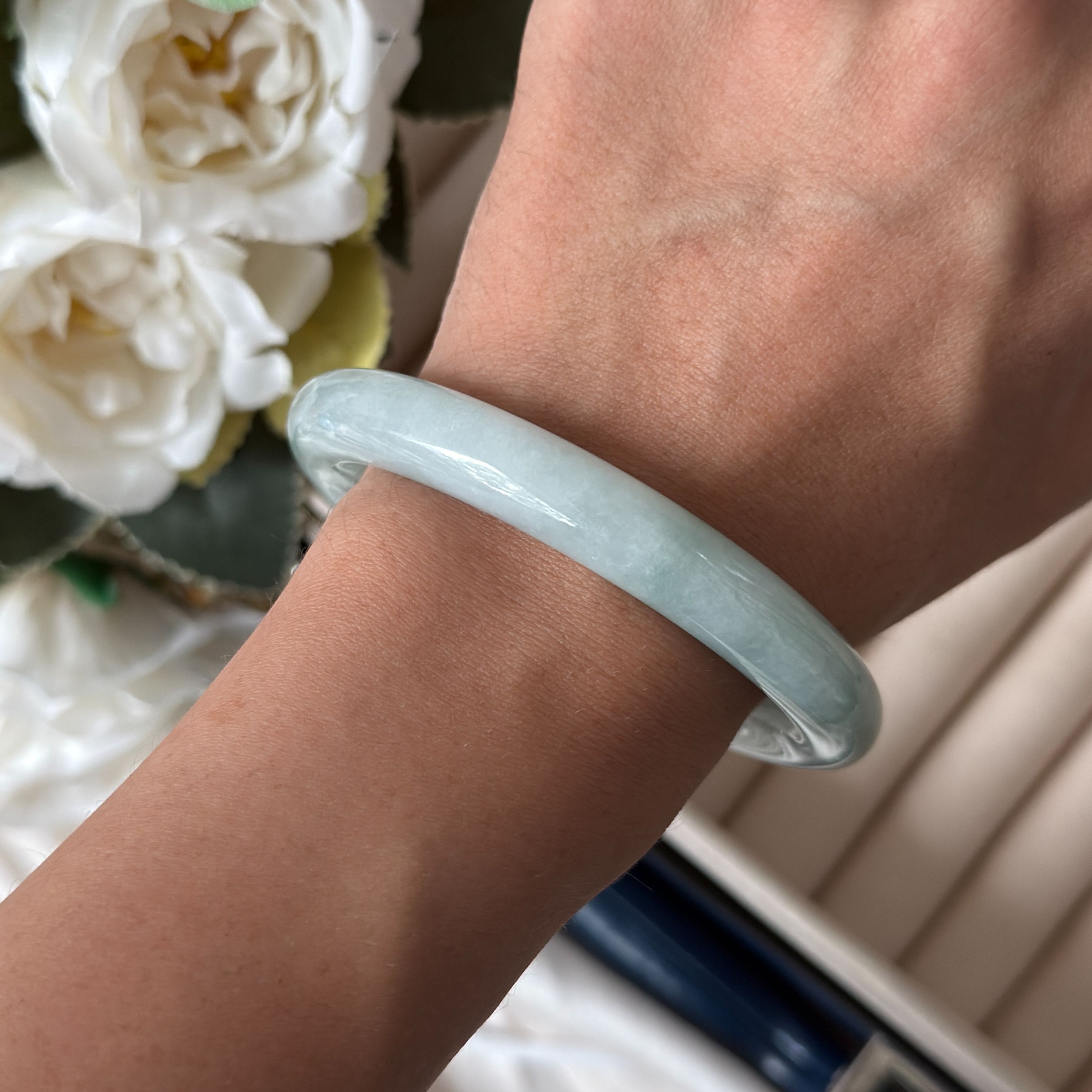 Grade A Dewdrop Green Jade Yuan Tiao Bangle - S55+/50.7g