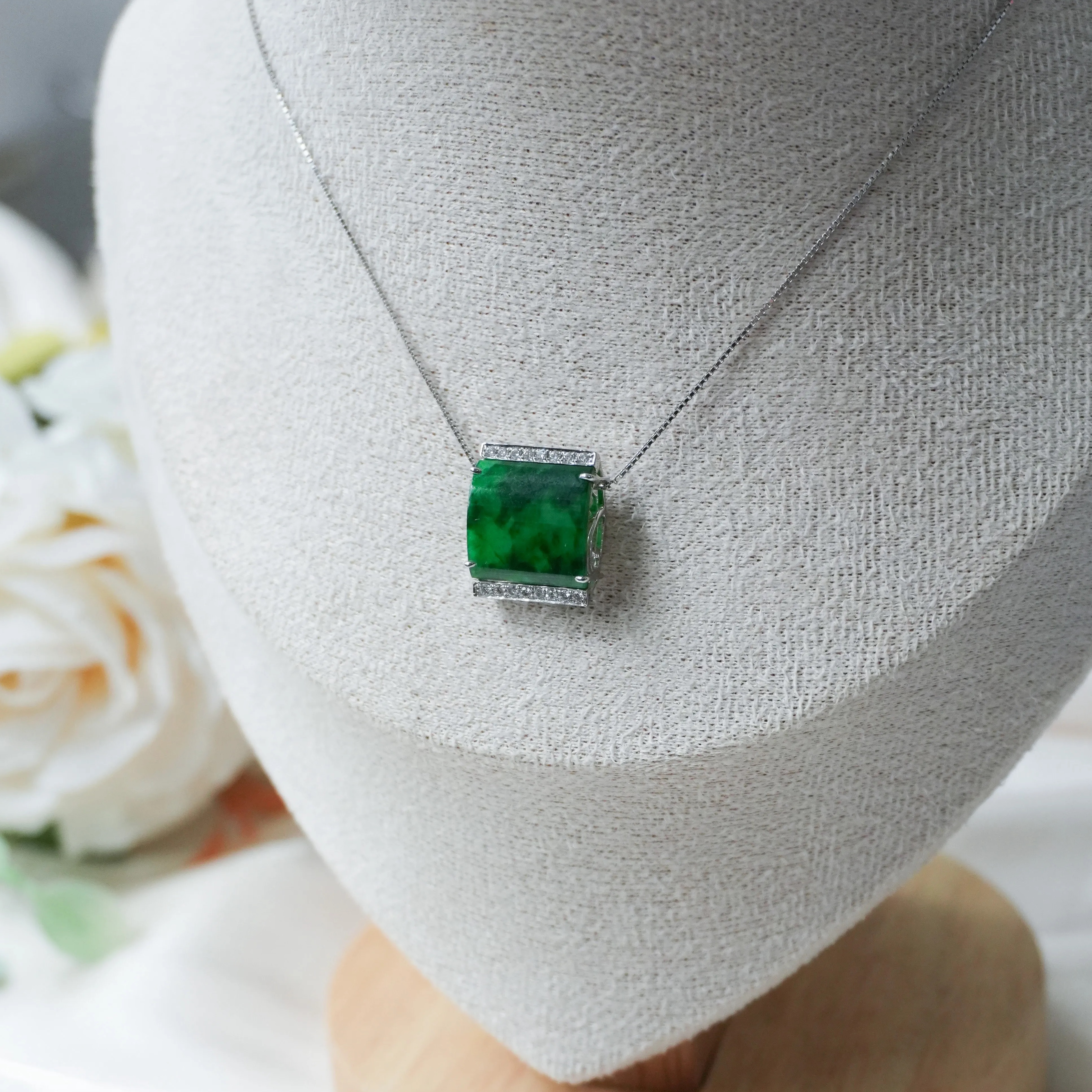 Grade A Laokeng Flower Green Jade Square Pendant