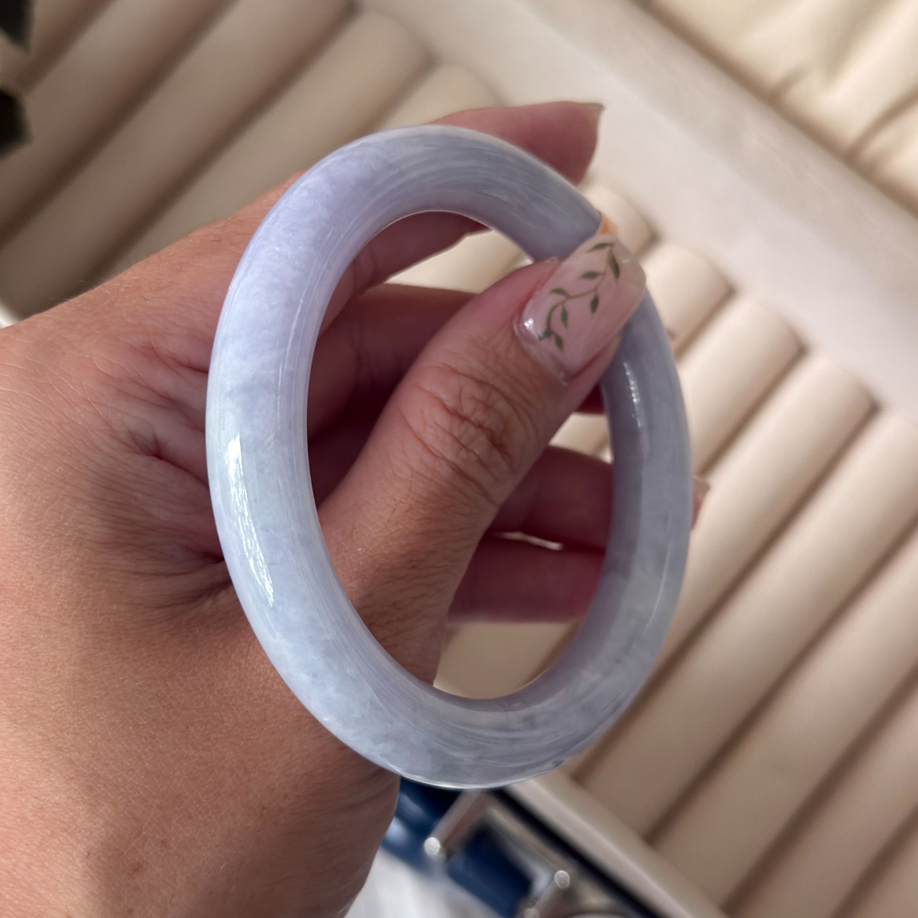 Grade A Blue Moon Lavender Green Jade Yuan Tiao Bangle - S55/52.2g