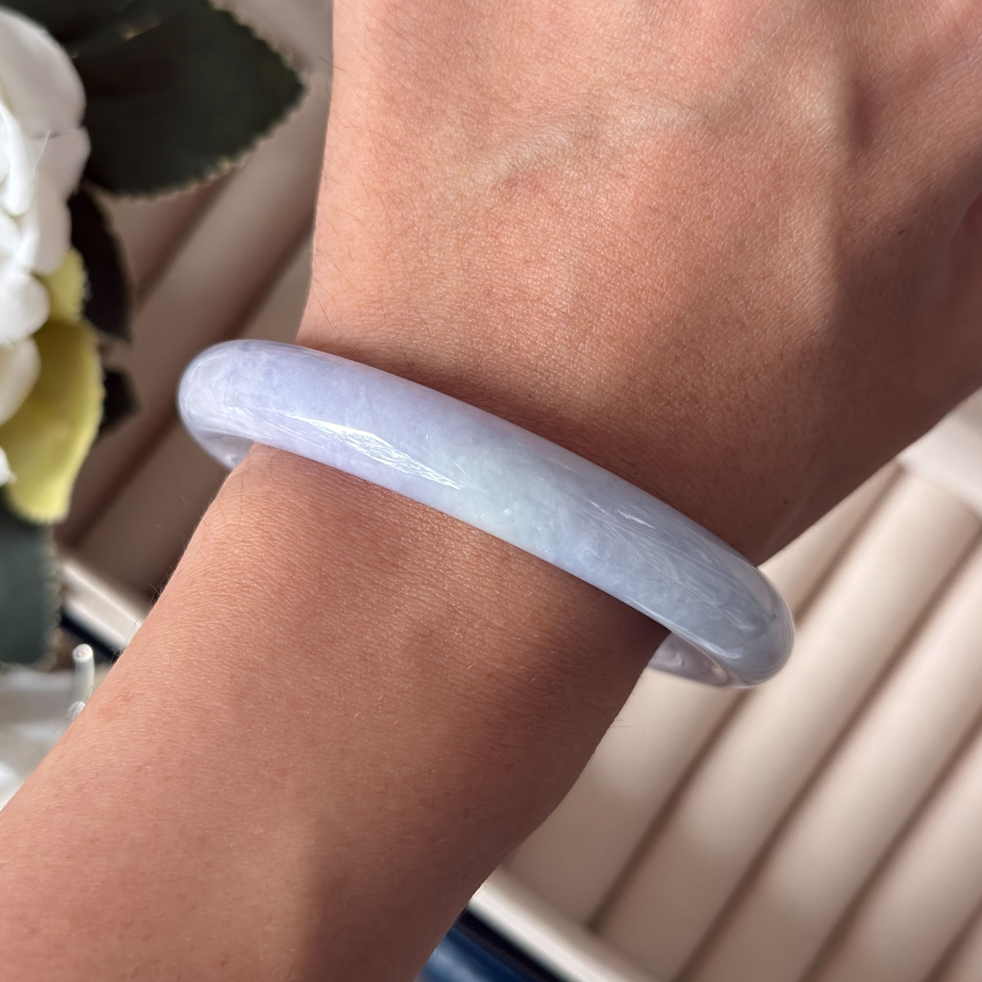Grade A Blue Moon Lavender Green Jade Yuan Tiao Bangle - S55/52.2g