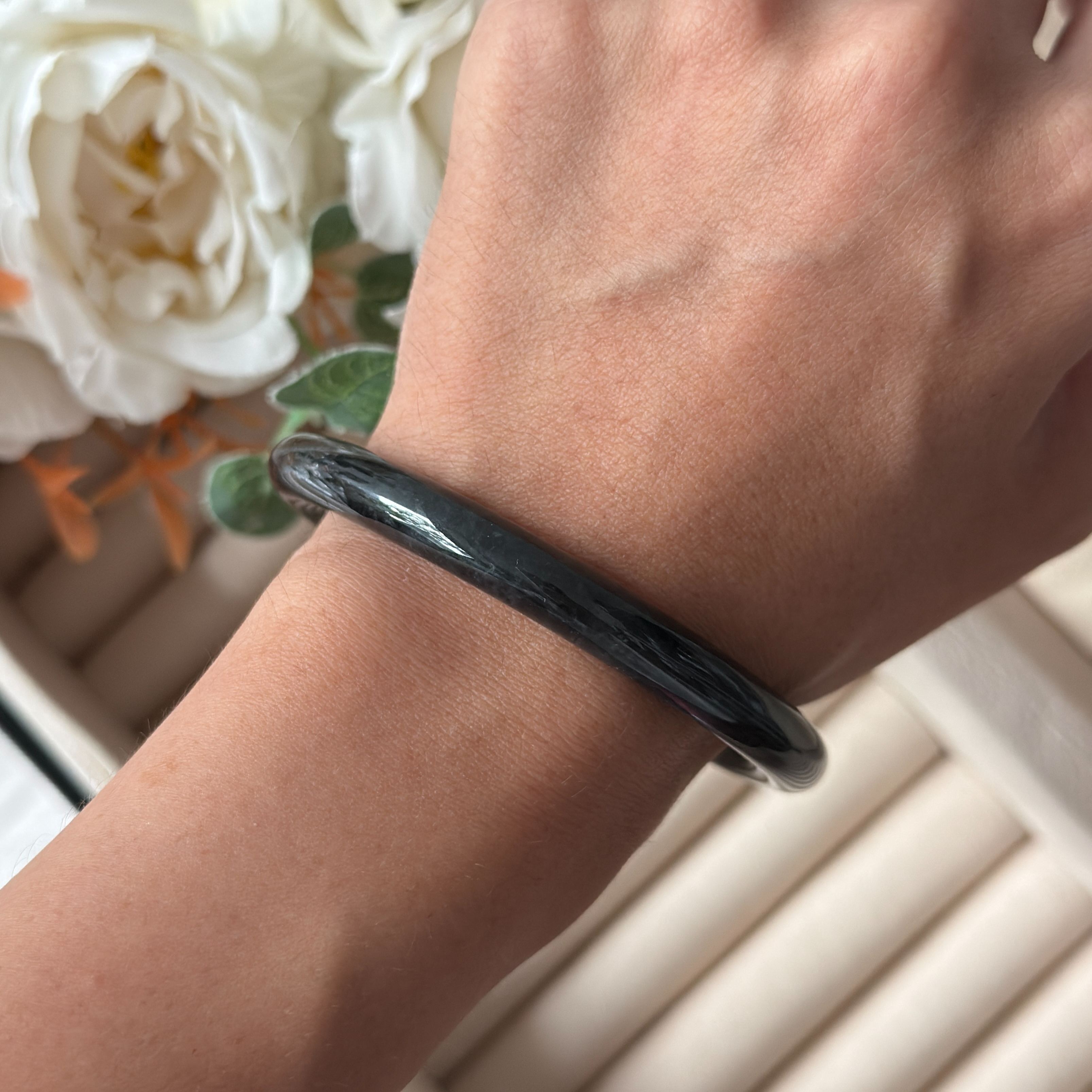 Grade A Ash Grey Jade Yuan Tiao Bangle - S56/28.7g