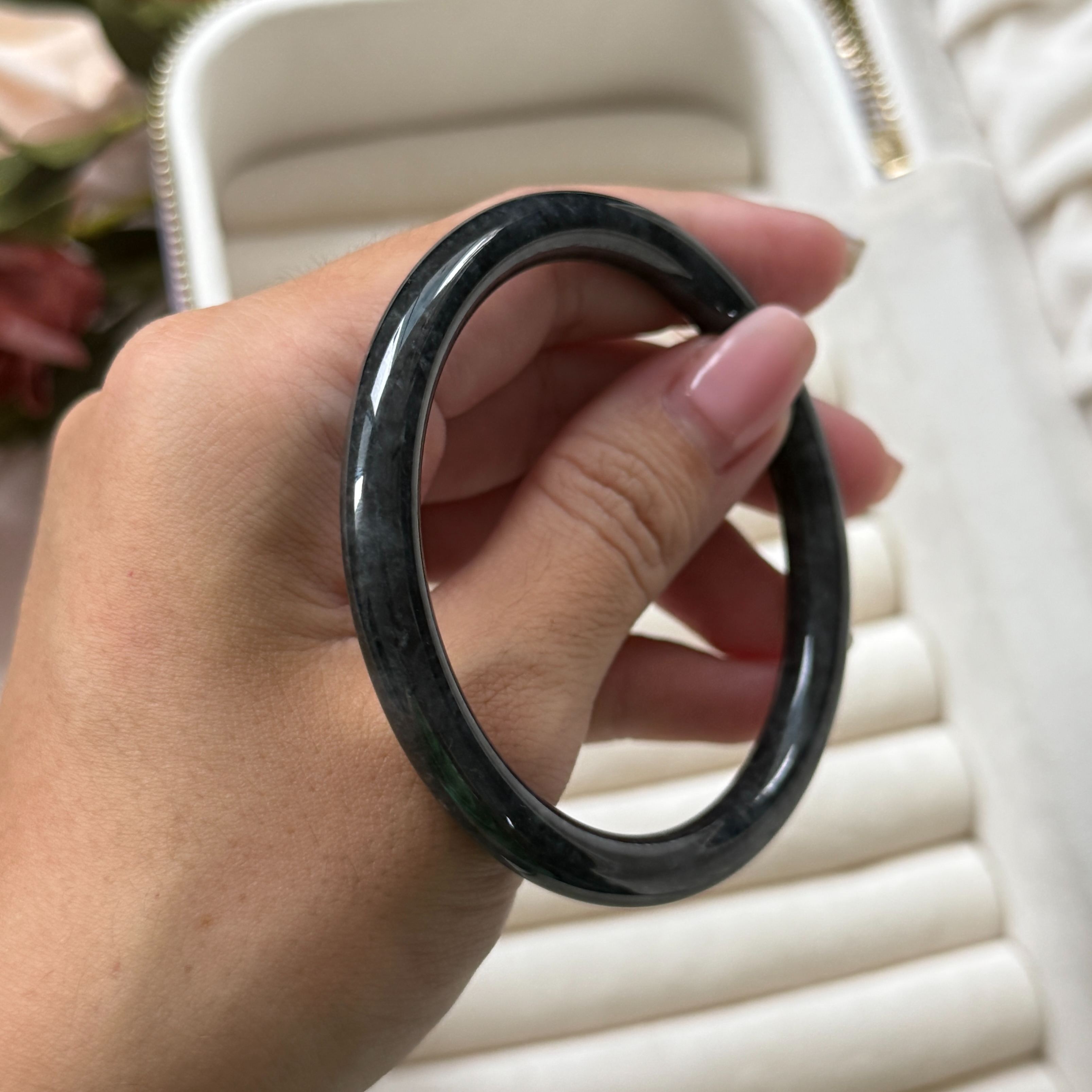 Grade A Ash Grey Jade Yuan Tiao Bangle - S58/28.7g