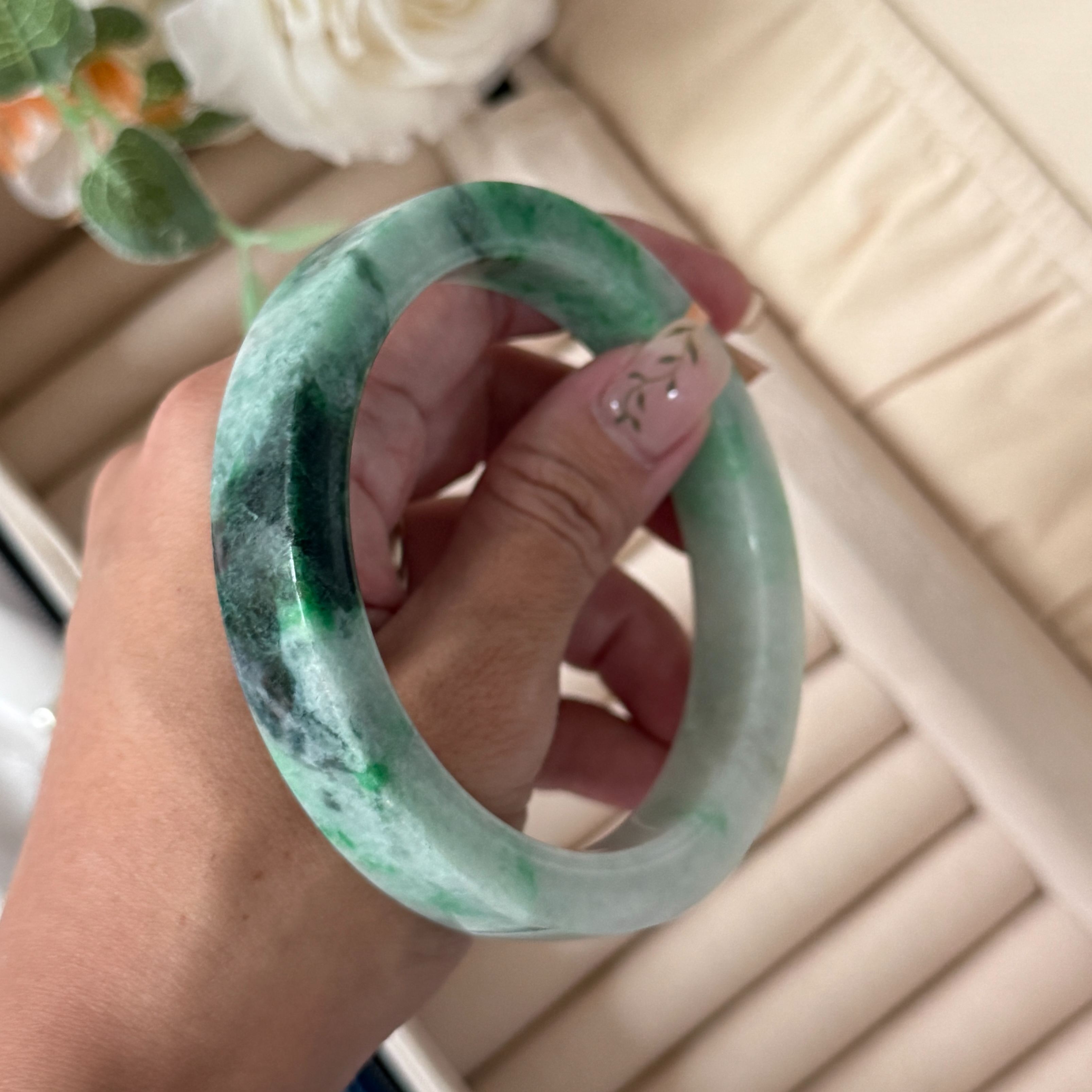 Grade A Flora Green Jade Princess Bangle - S66+/76.7g