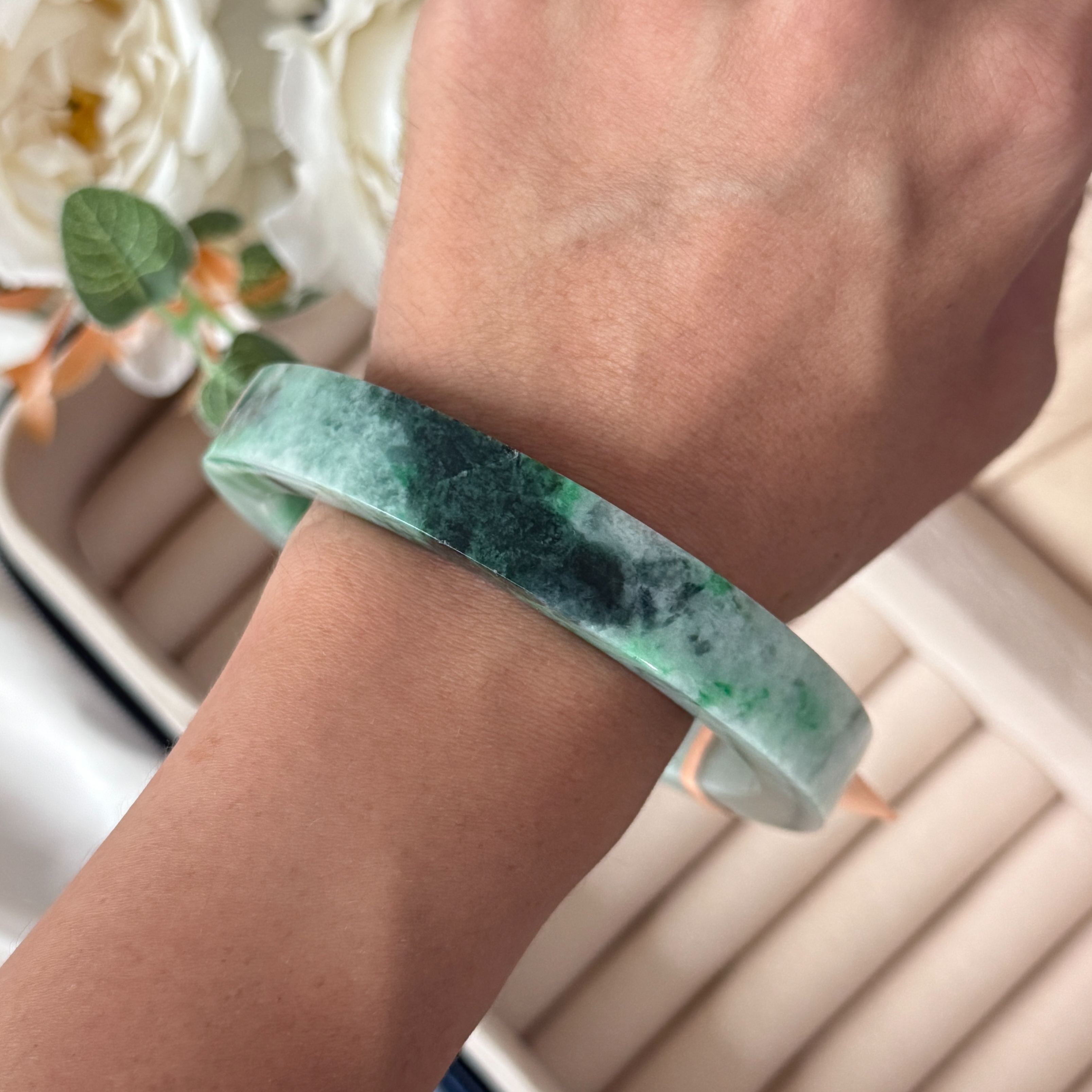 Grade A Flora Green Jade Princess Bangle - S66+/76.7g