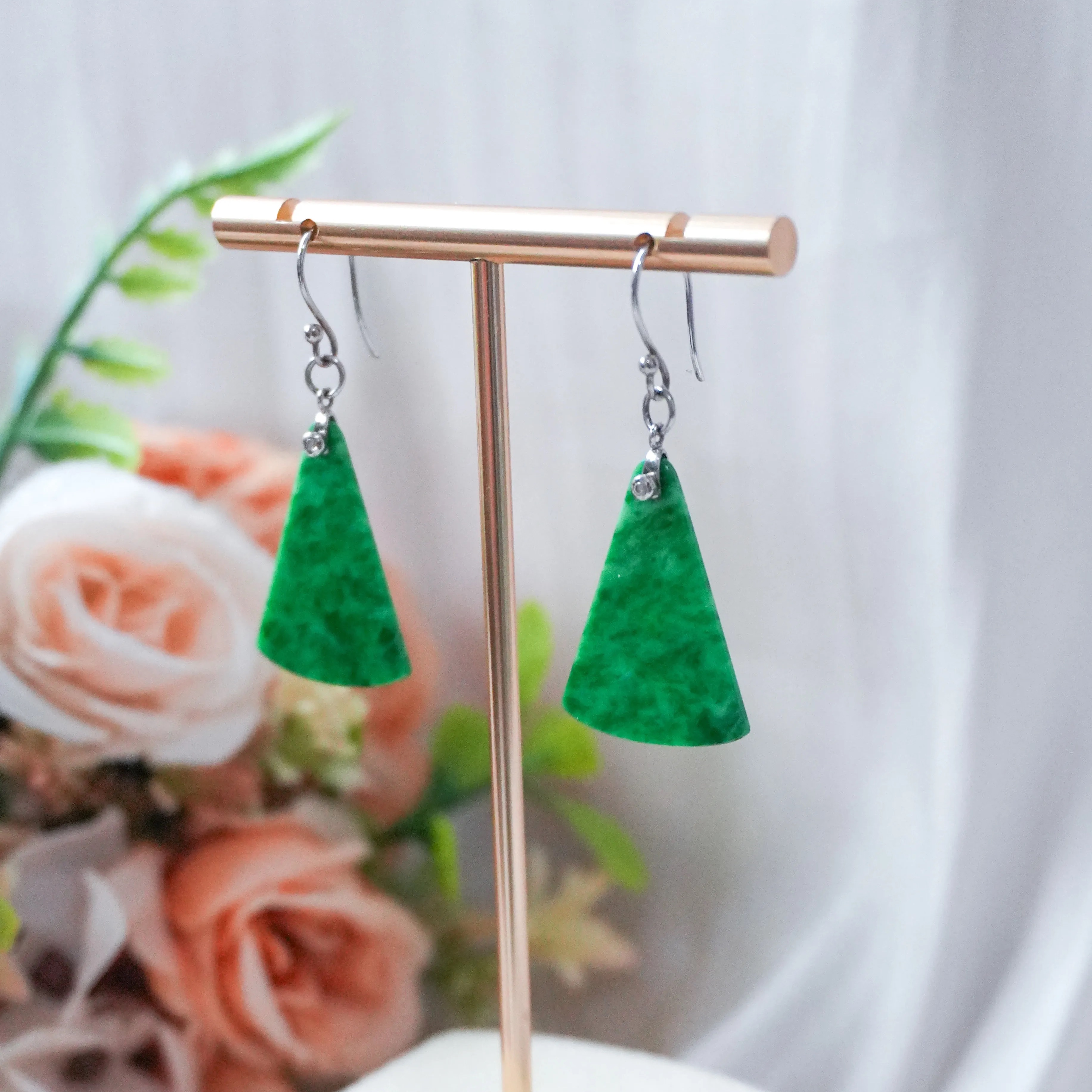 Grade A Flower Green Jade Irregular Earrings - WG - YTM