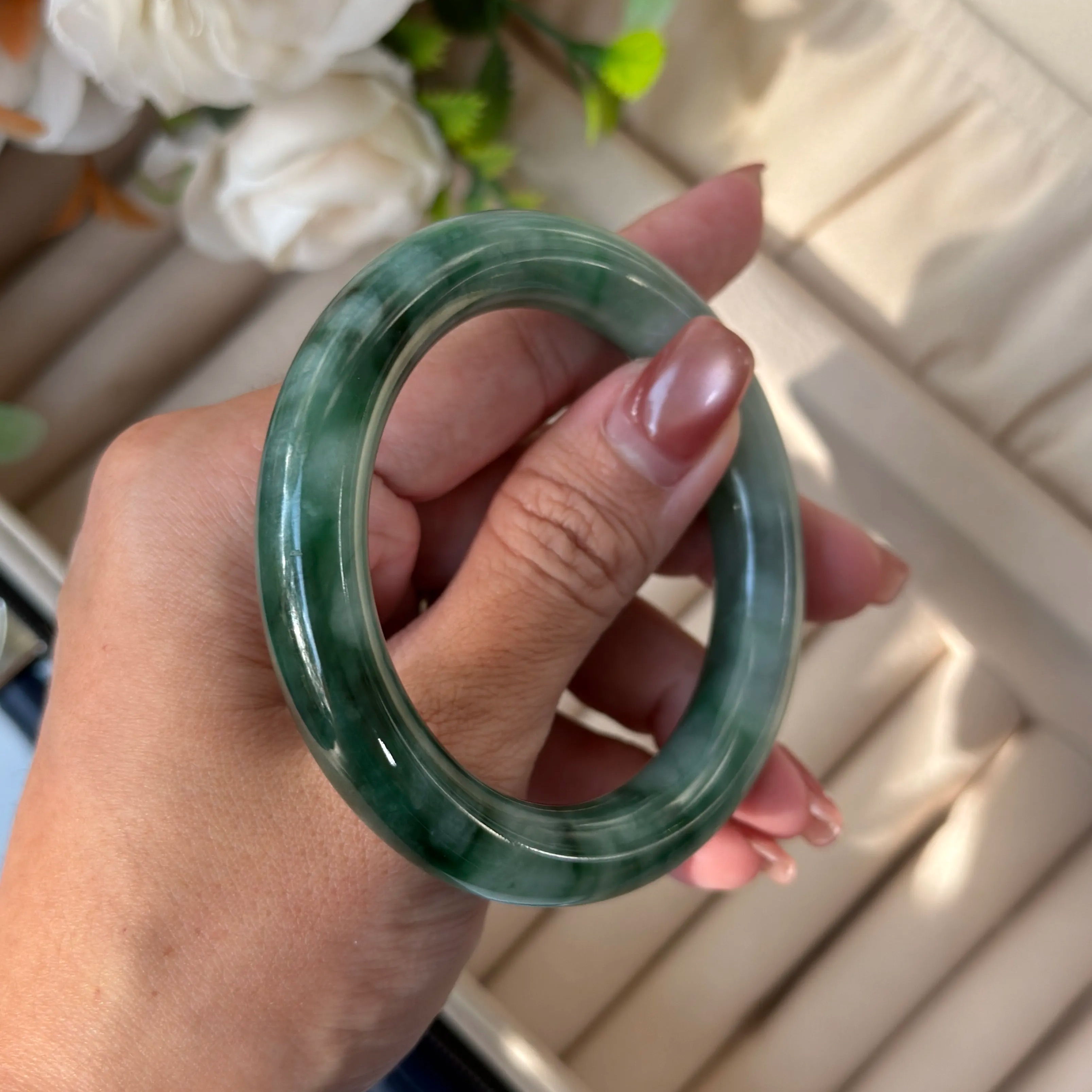 Grade A Ice Flower Green Jade Bangle - S54/61.4G - RMMM