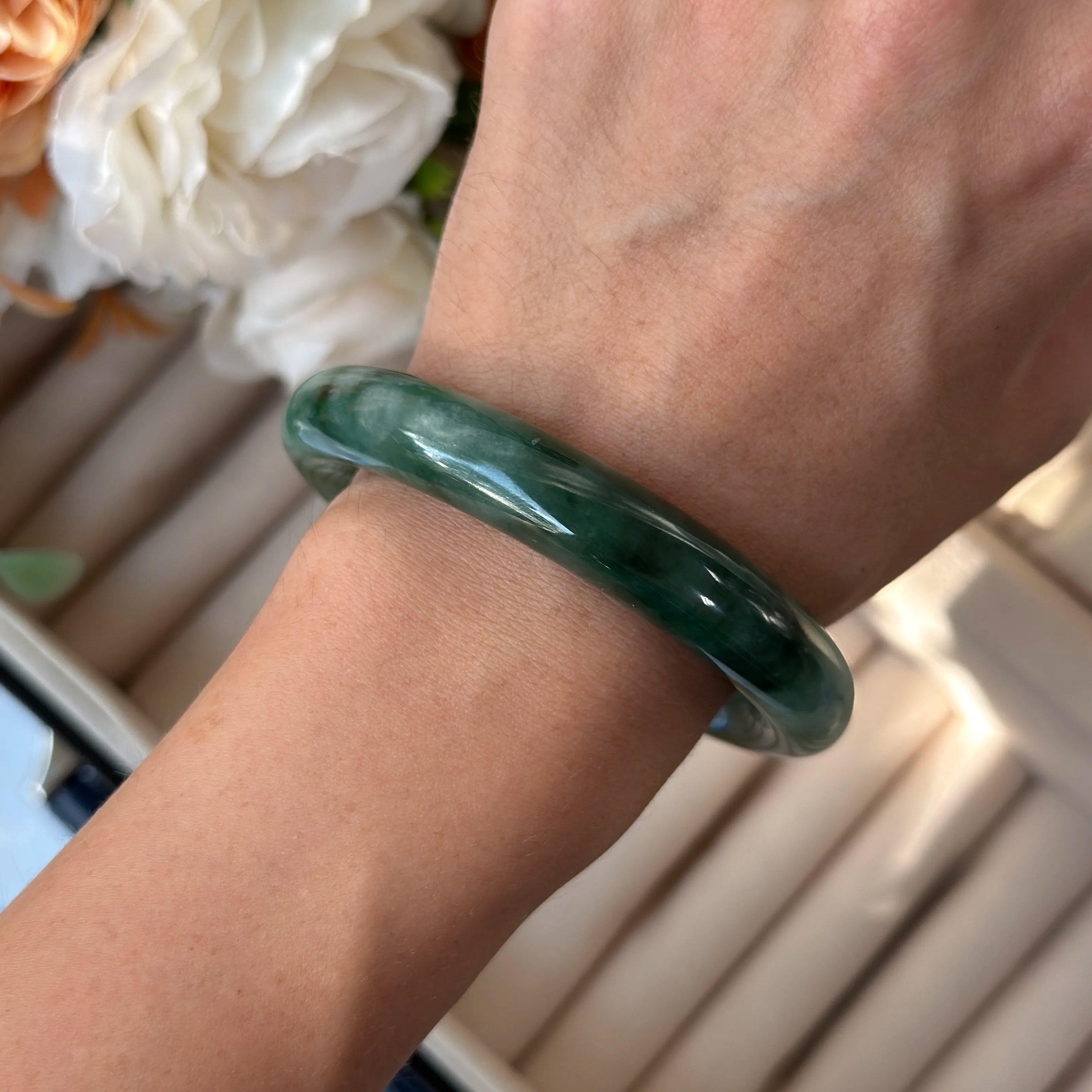 Grade A Ice Flower Green Jade Bangle - S54/61.4G - RMMM