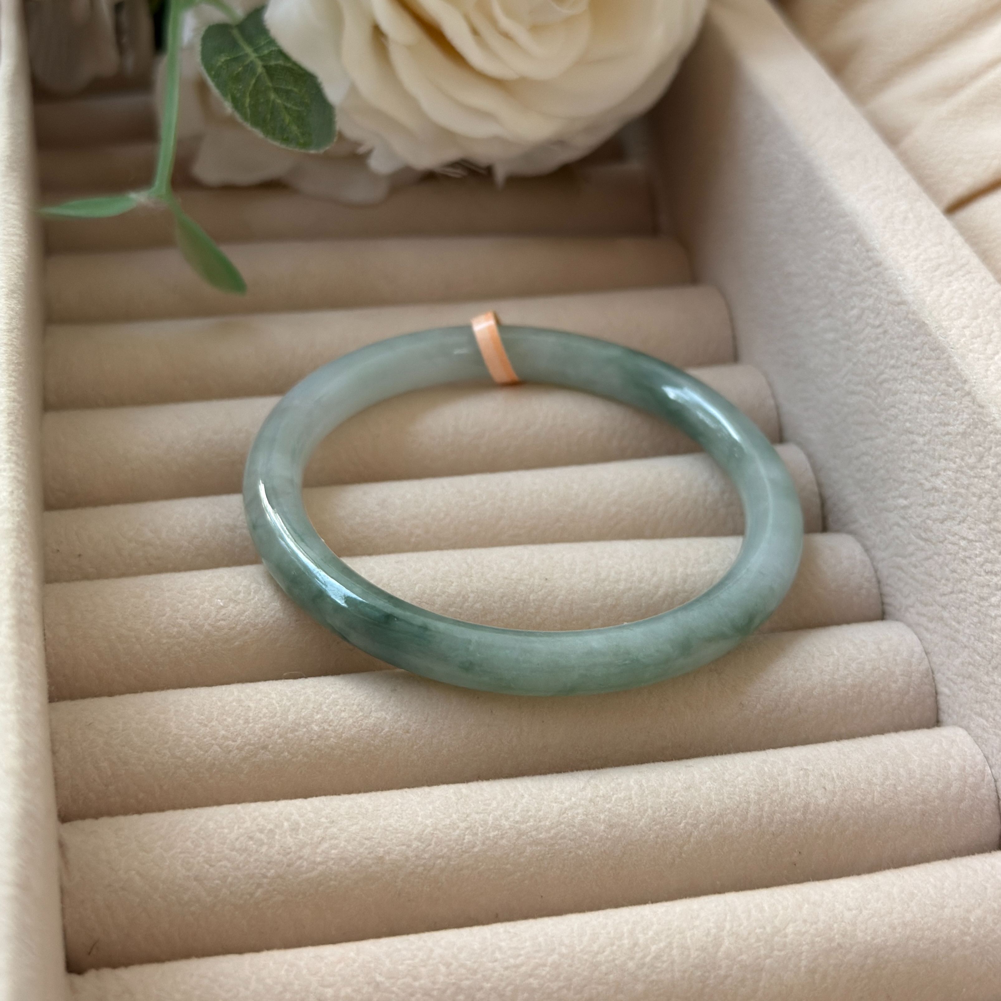Grade A Jelly Flora Green Jade Yuan Tiao Bangle - S55/26.8g