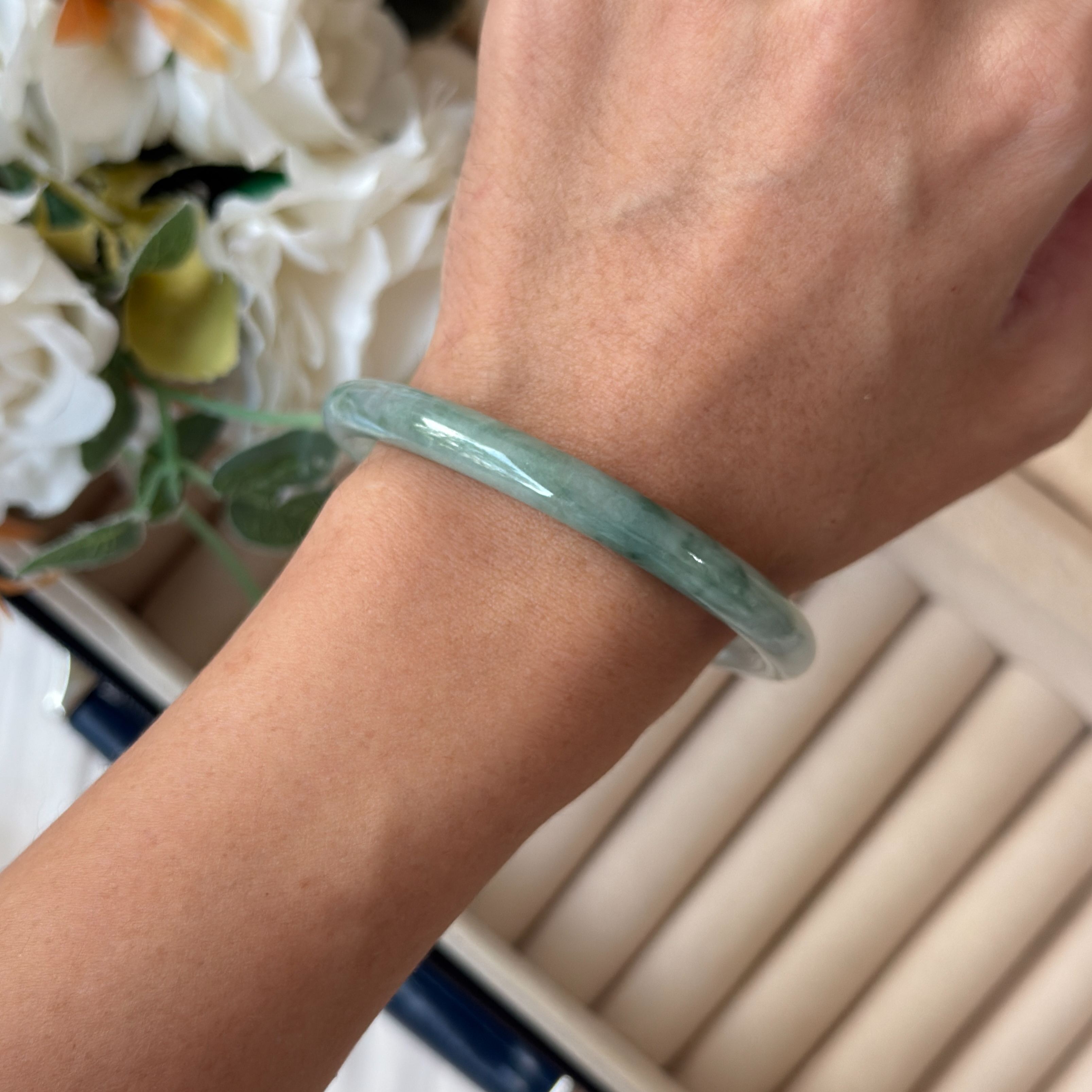 Grade A Jelly Flora Green Jade Yuan Tiao Bangle - S55/26.8g