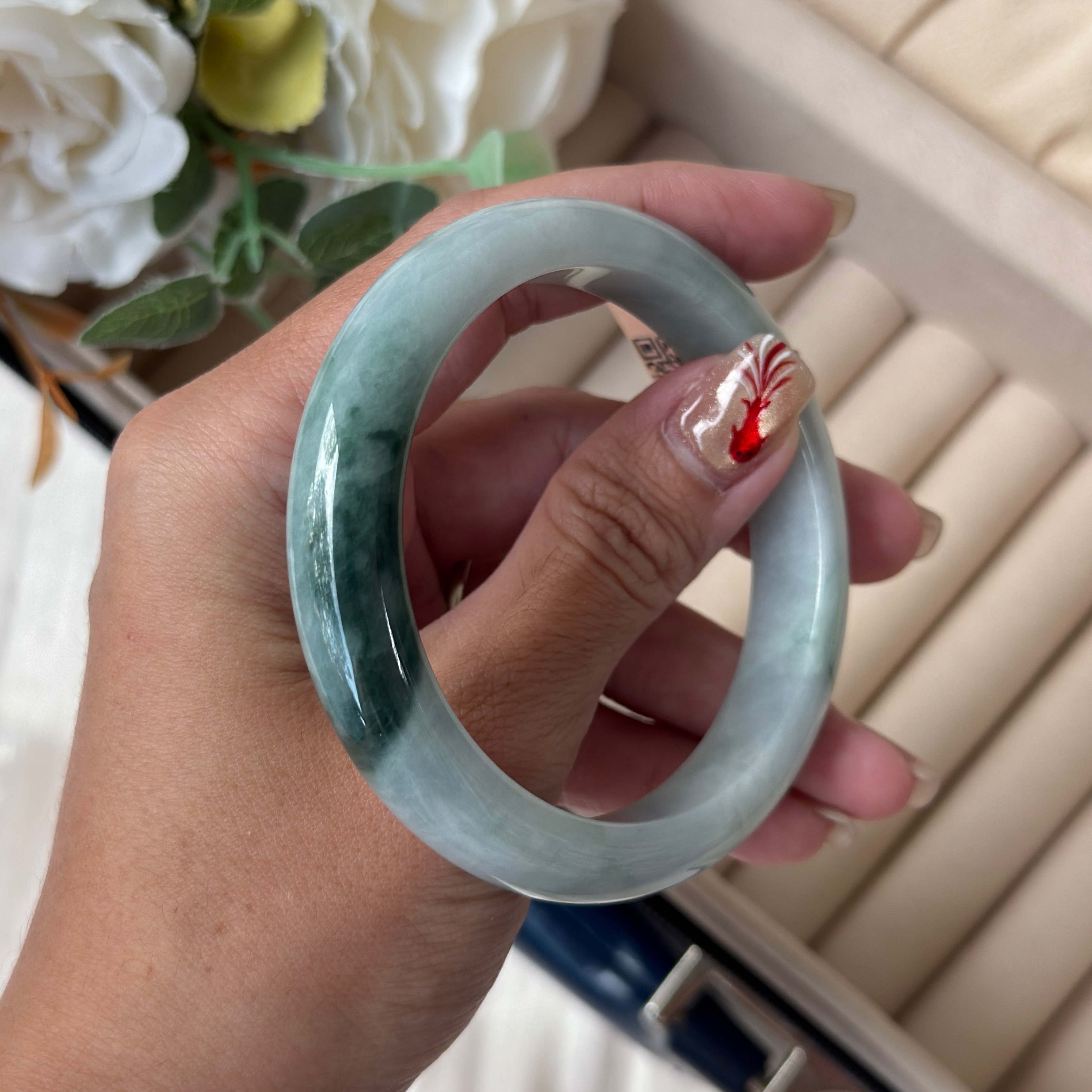 Grade A Gummy Flora Green Jade Bangle - S57/56.8g
