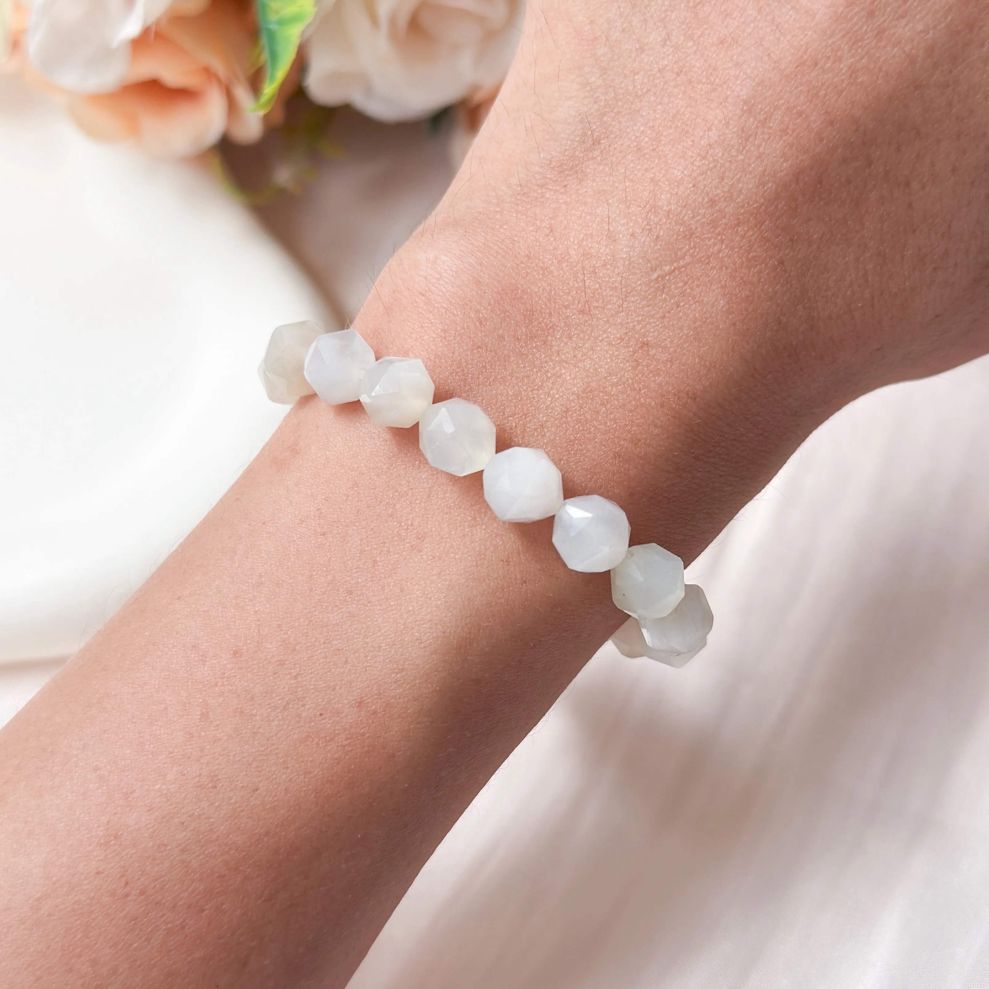 White Moonstone 8mm Diamond Cut Bracelet