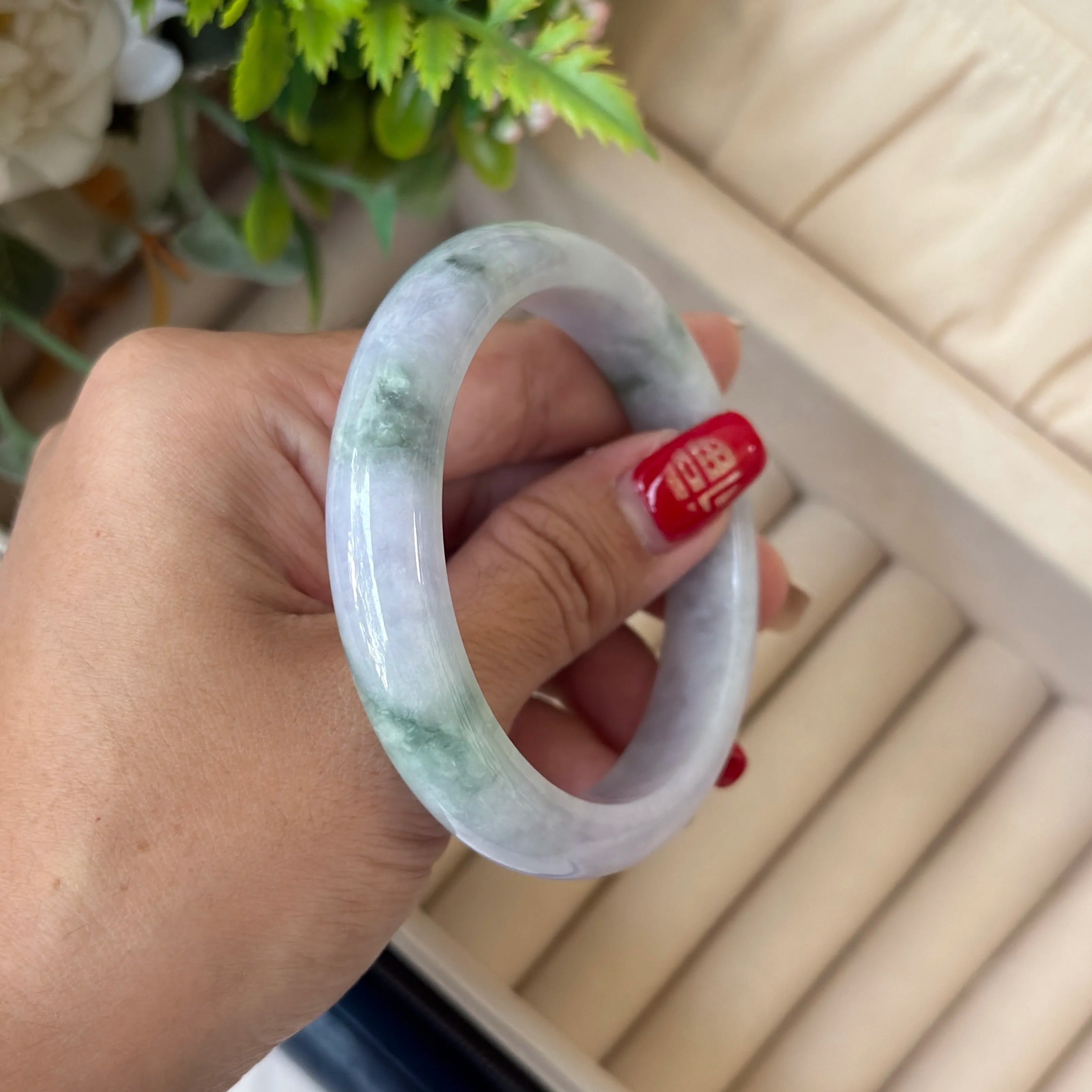 Grade A Lavender Flora Green Jade Bangle - S56/53.5g