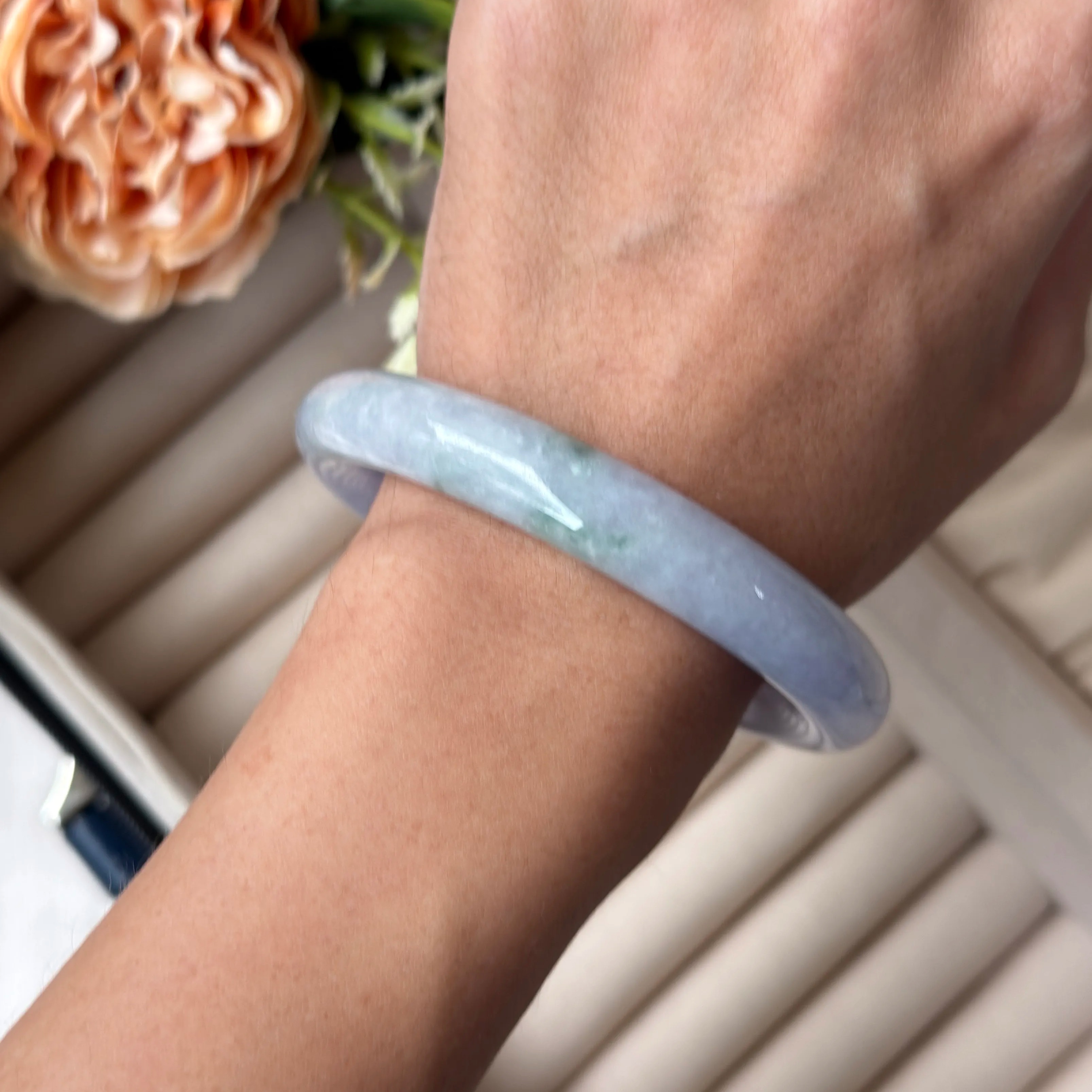 Grade A Lavender Flora Green Jade Yuan Tiao Bangle - S57+/59.2g