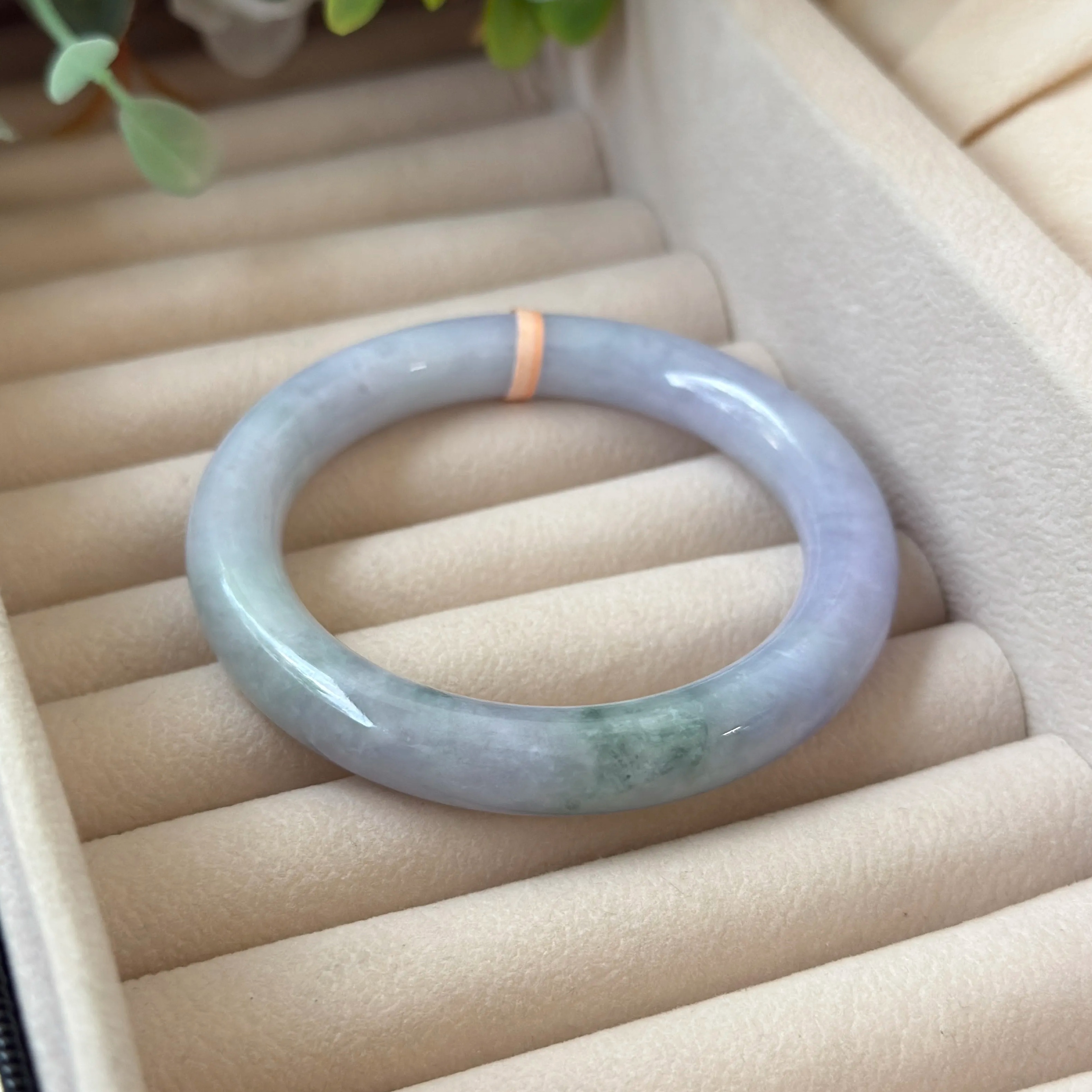 Grade A Lavender Flora Green Jade Yuan Tiao Bangle - S55+/55.7g