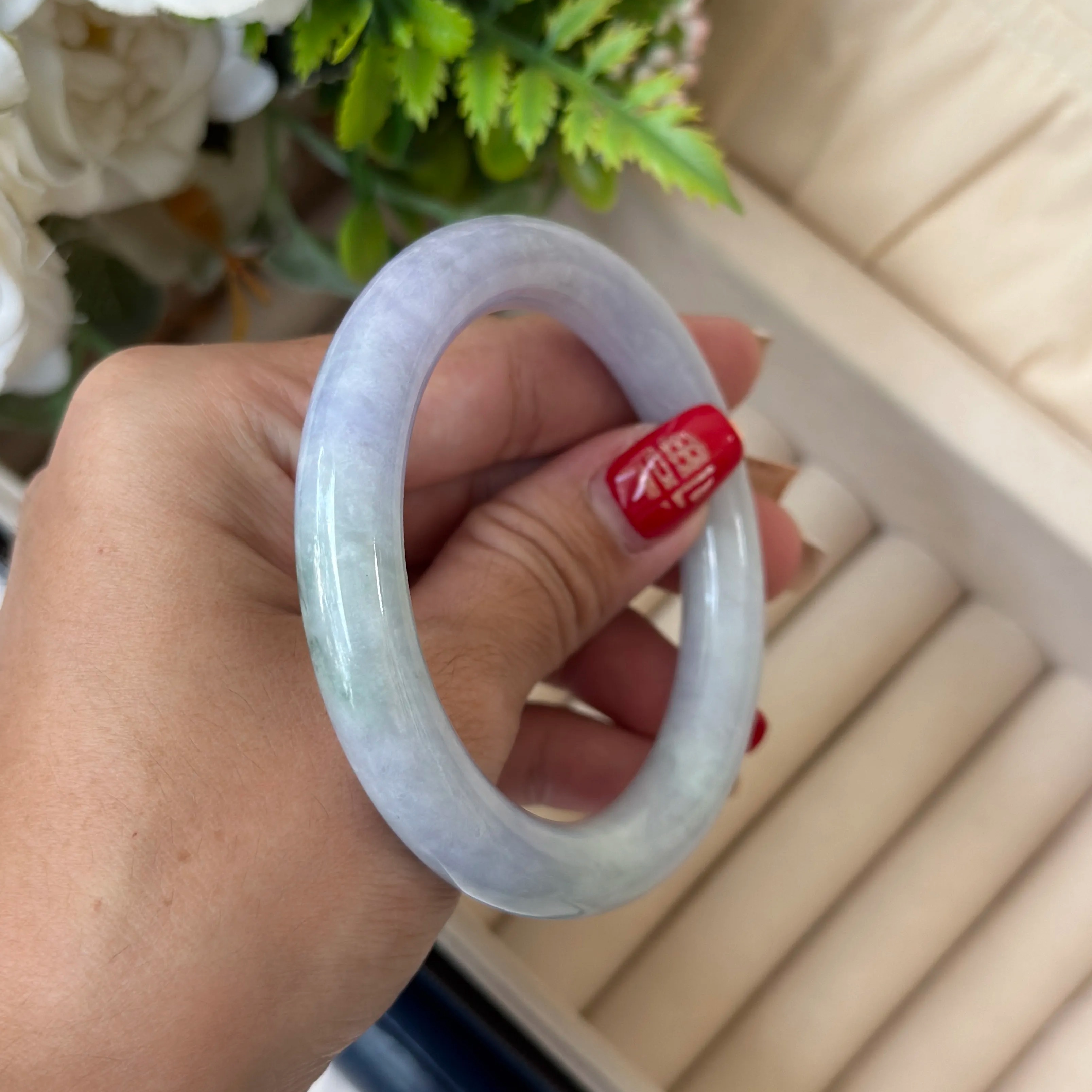 Grade A Lavender Flora Green Jade Yuan Tiao Bangle - S55+/55.7g