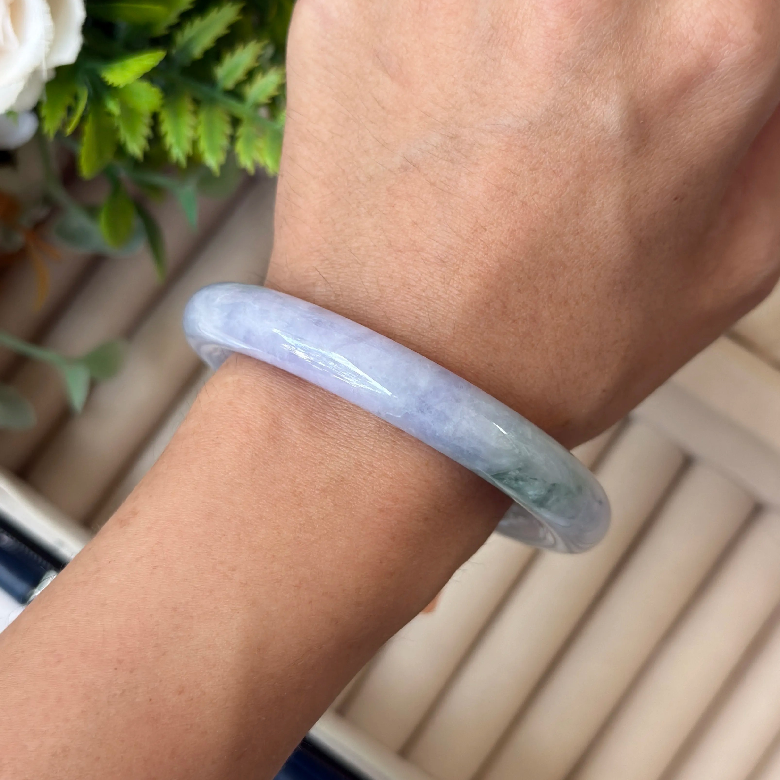 Grade A Lavender Flora Green Jade Yuan Tiao Bangle - S55+/55.7g