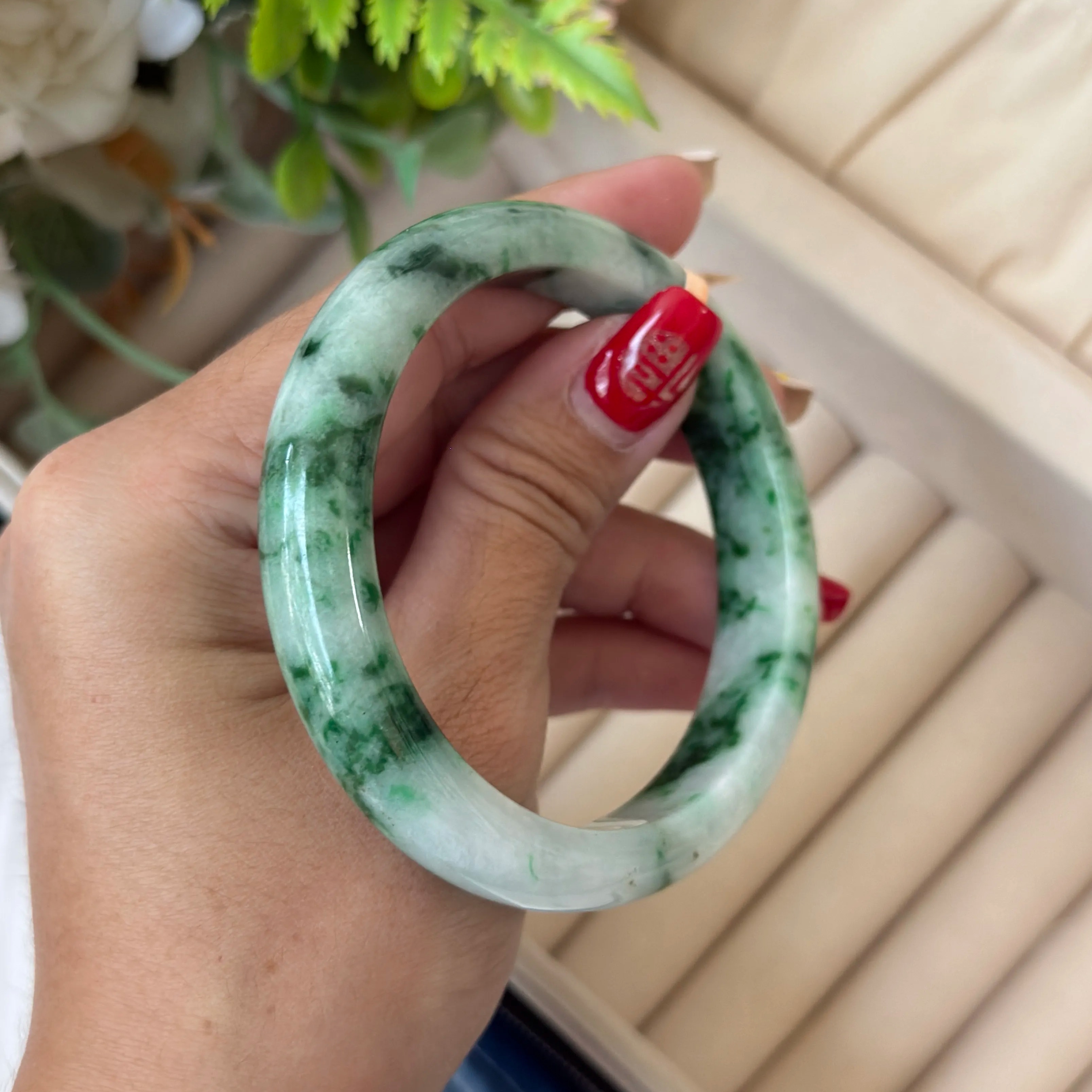 Grade A Monstera Flora Green Jade Bangle - S58+/55.5g