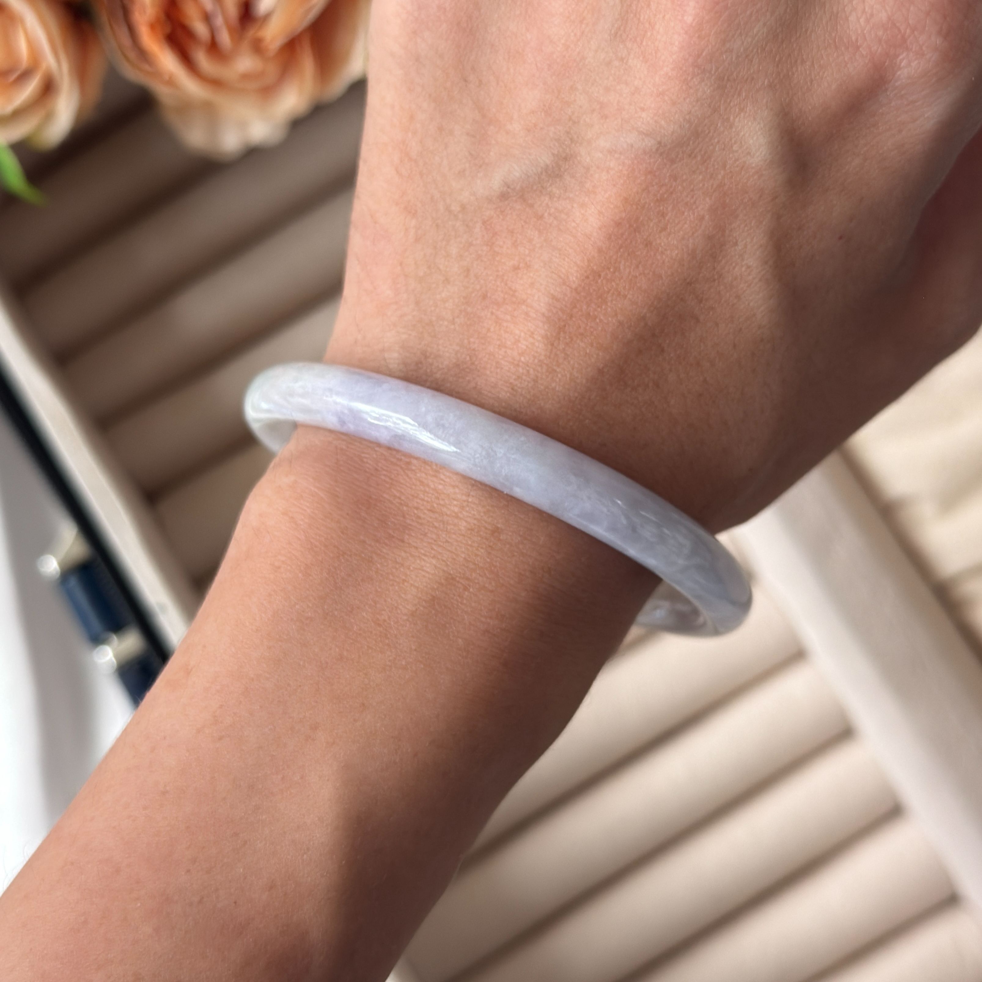 Grade A Dainty Lavender Green Jade Bangle Yuan Tiao - S55+/28.5g
