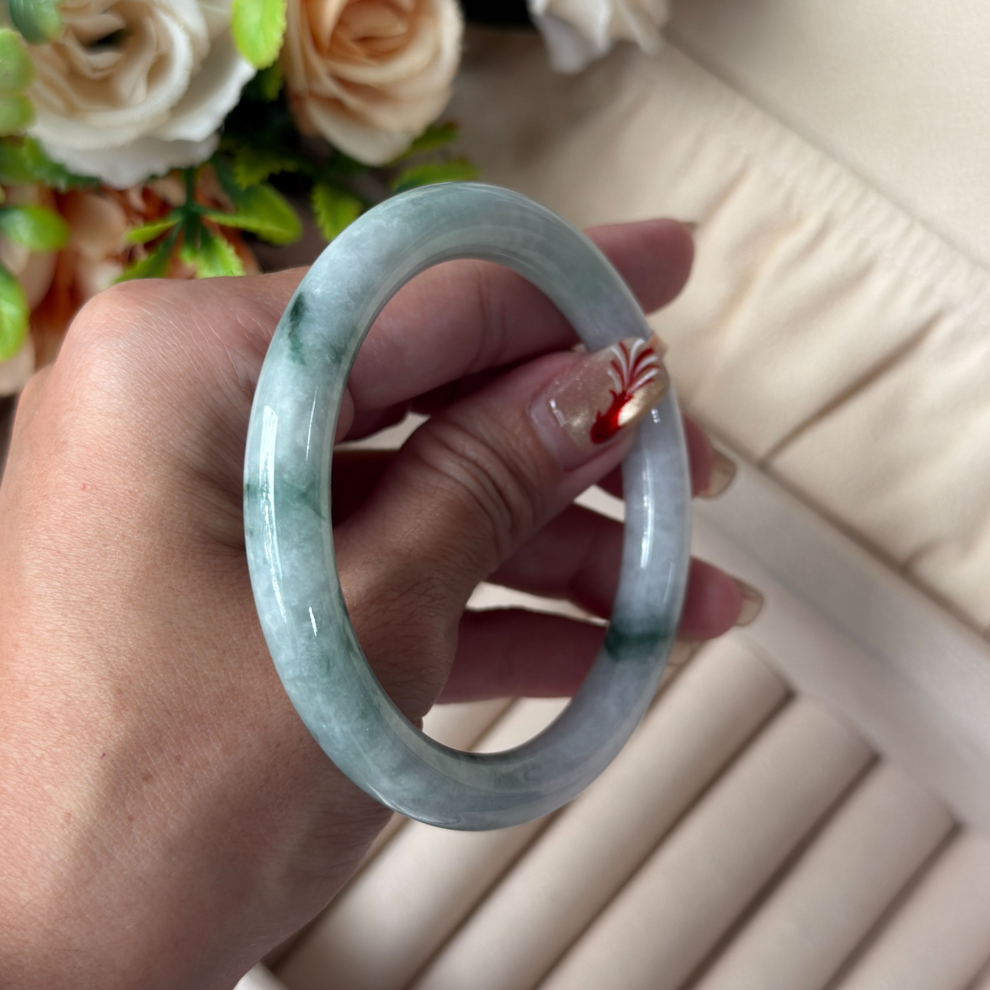 Grade A Mystic Flora Green Yuan Tiao Jade Bangle - S57+/41.7g