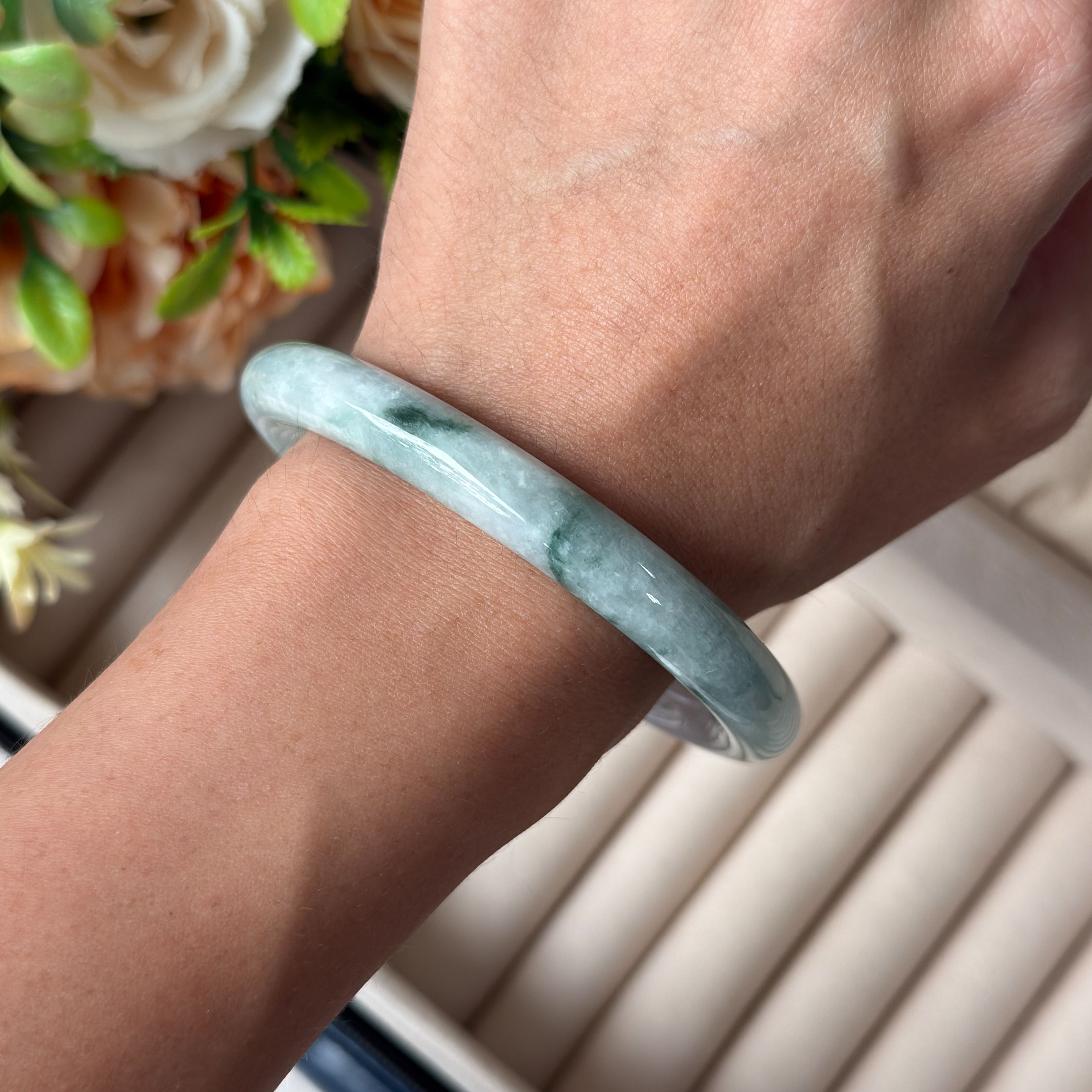 Grade A Mystic Flora Green Yuan Tiao Jade Bangle - S57+/41.7g