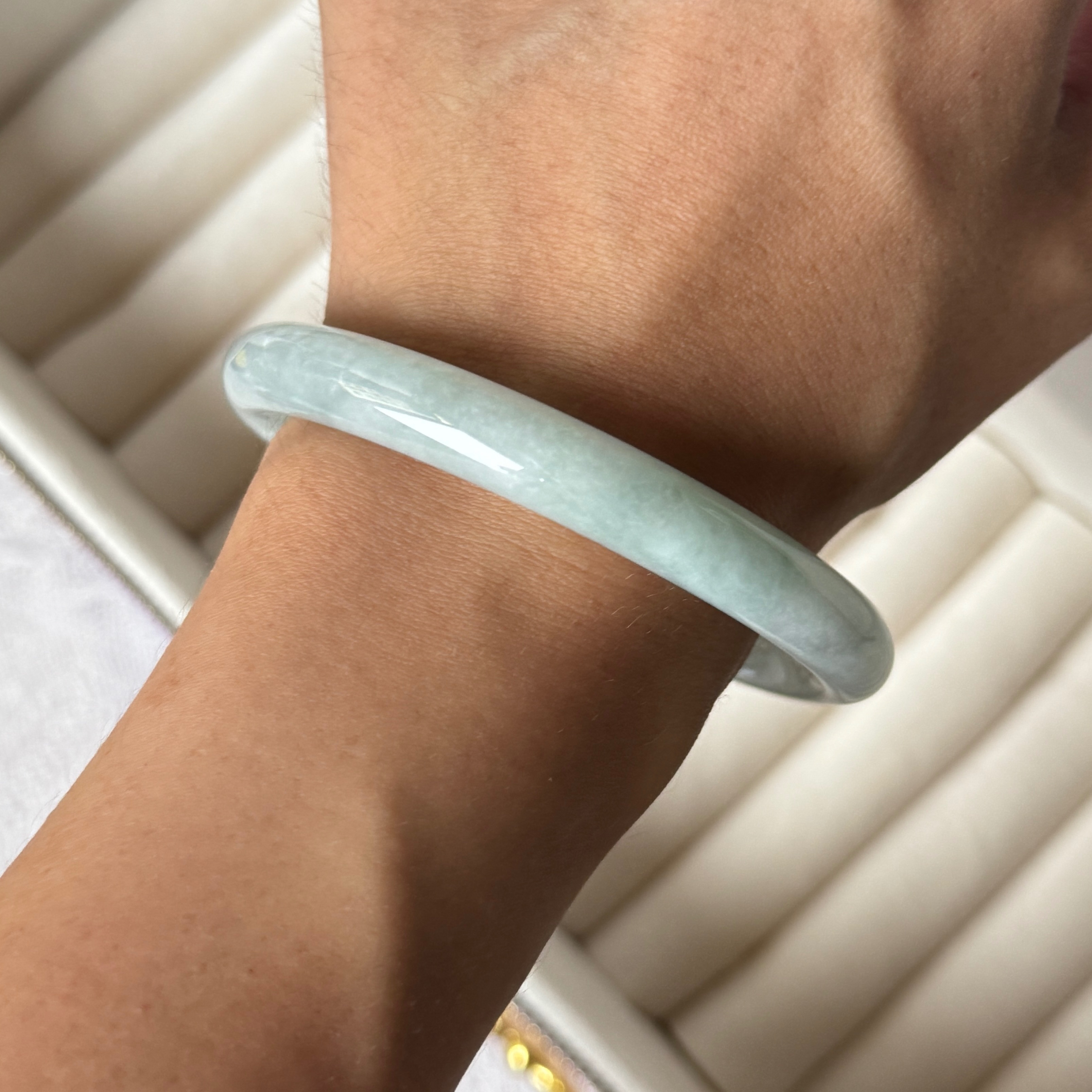 Grade A Frosty Green Jade Yuan Tiao Bangle - S55+/38.5g