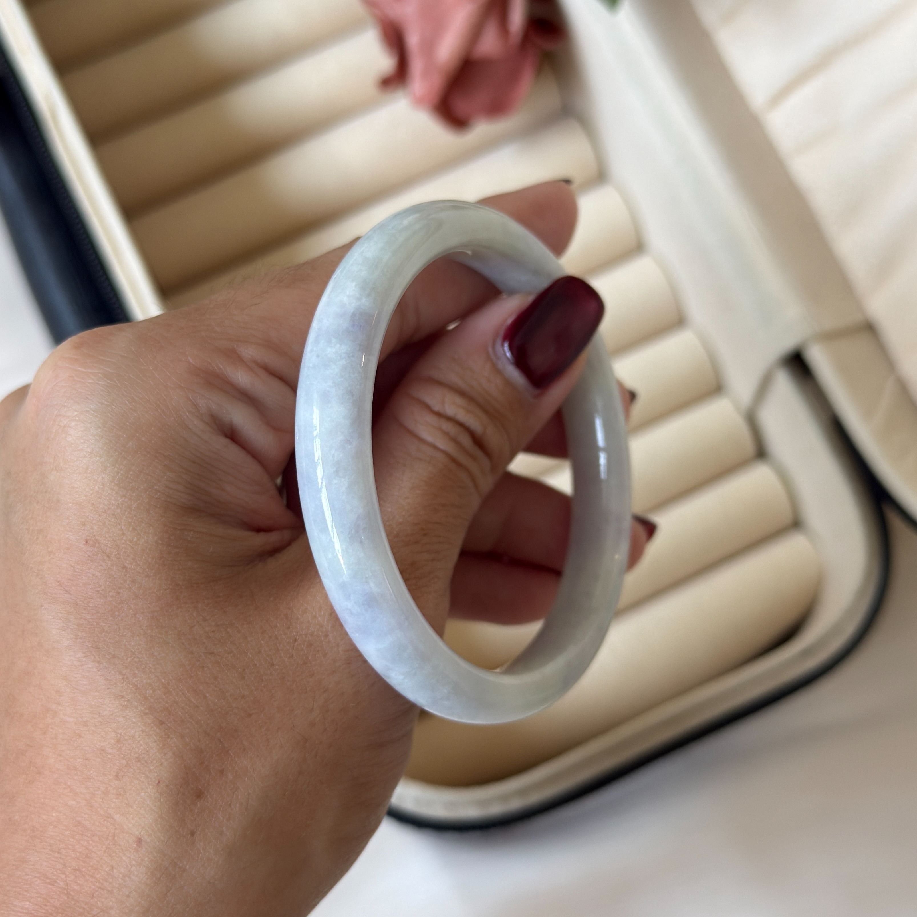 Grade A Dainty Lavender Green Jade Bangle - S55+/35.7g
