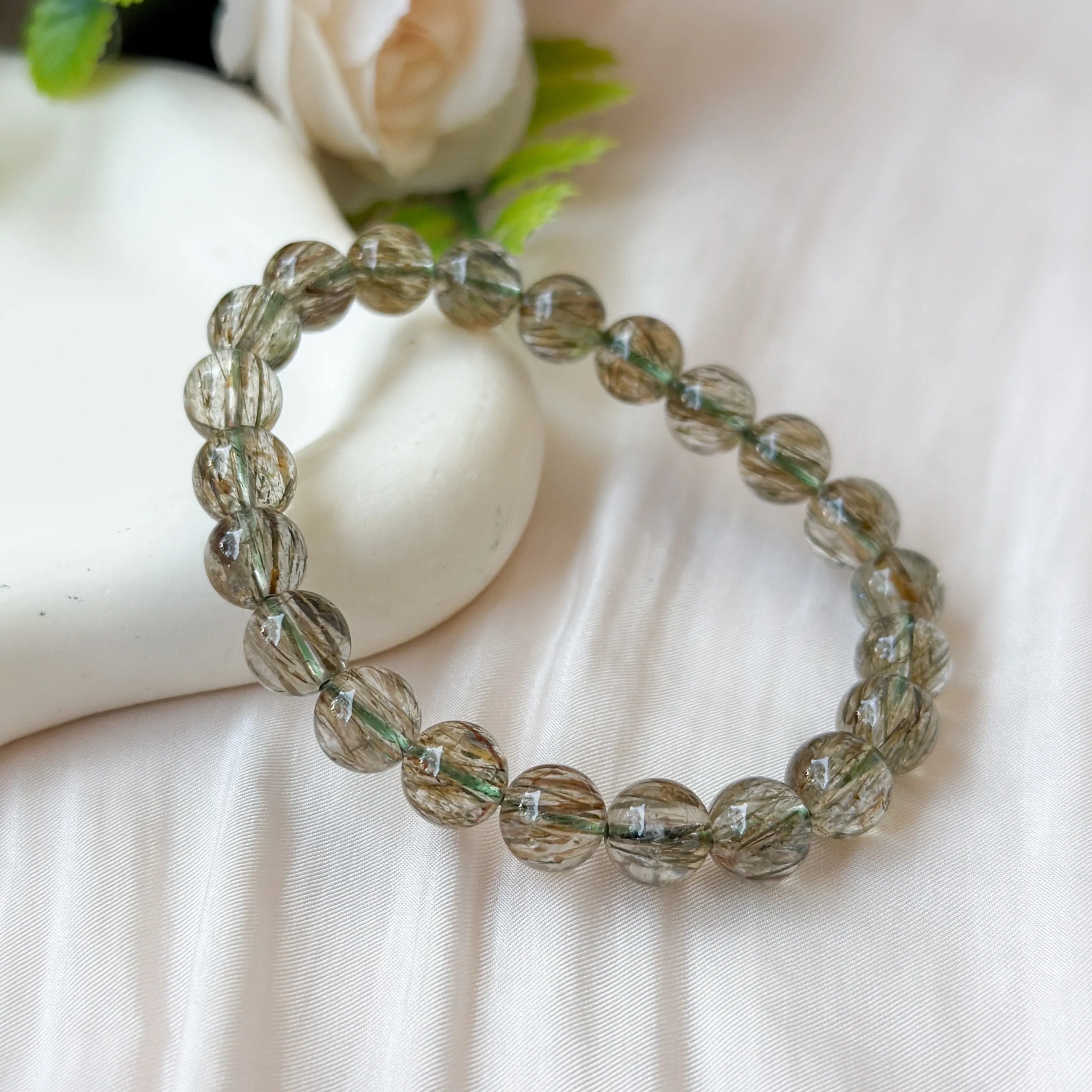 Green Tourmalinated Quartz 8+mm AAA+ Bracelet