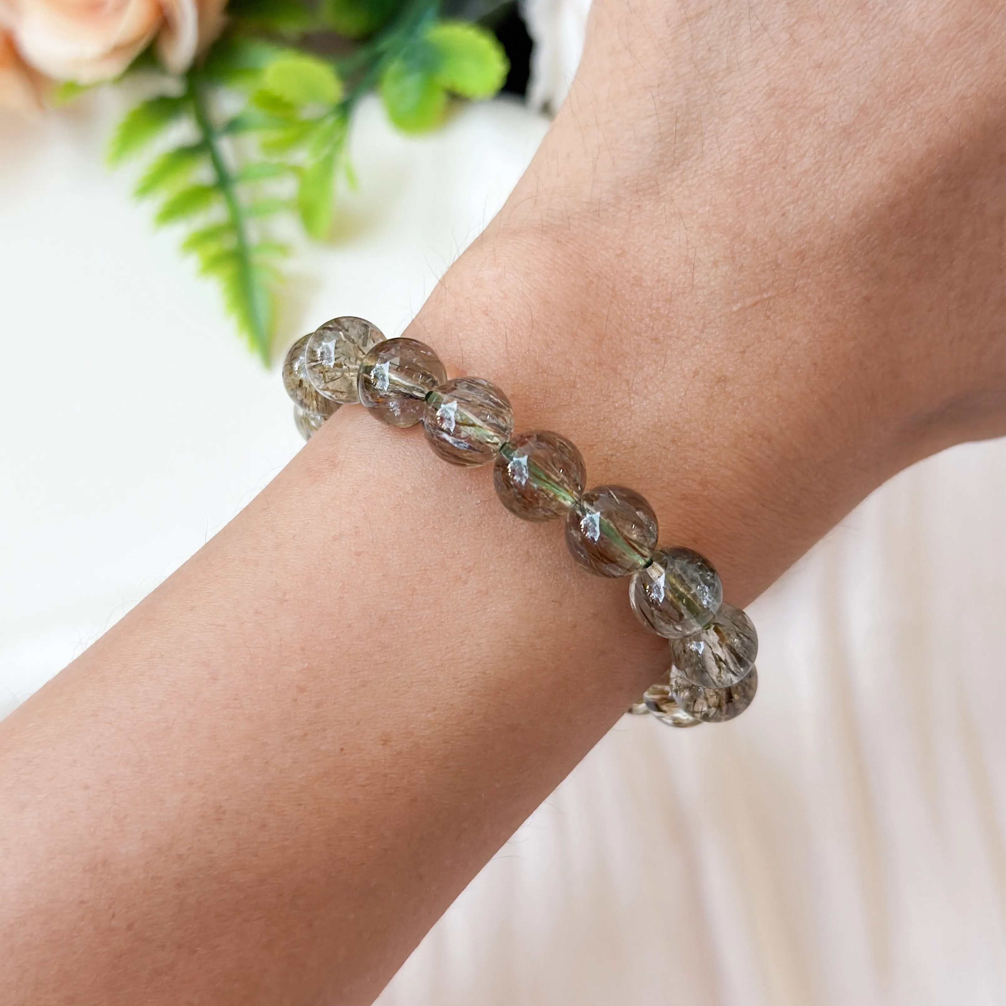 Green Tourmalinated Quartz 8+mm AAA+ Bracelet