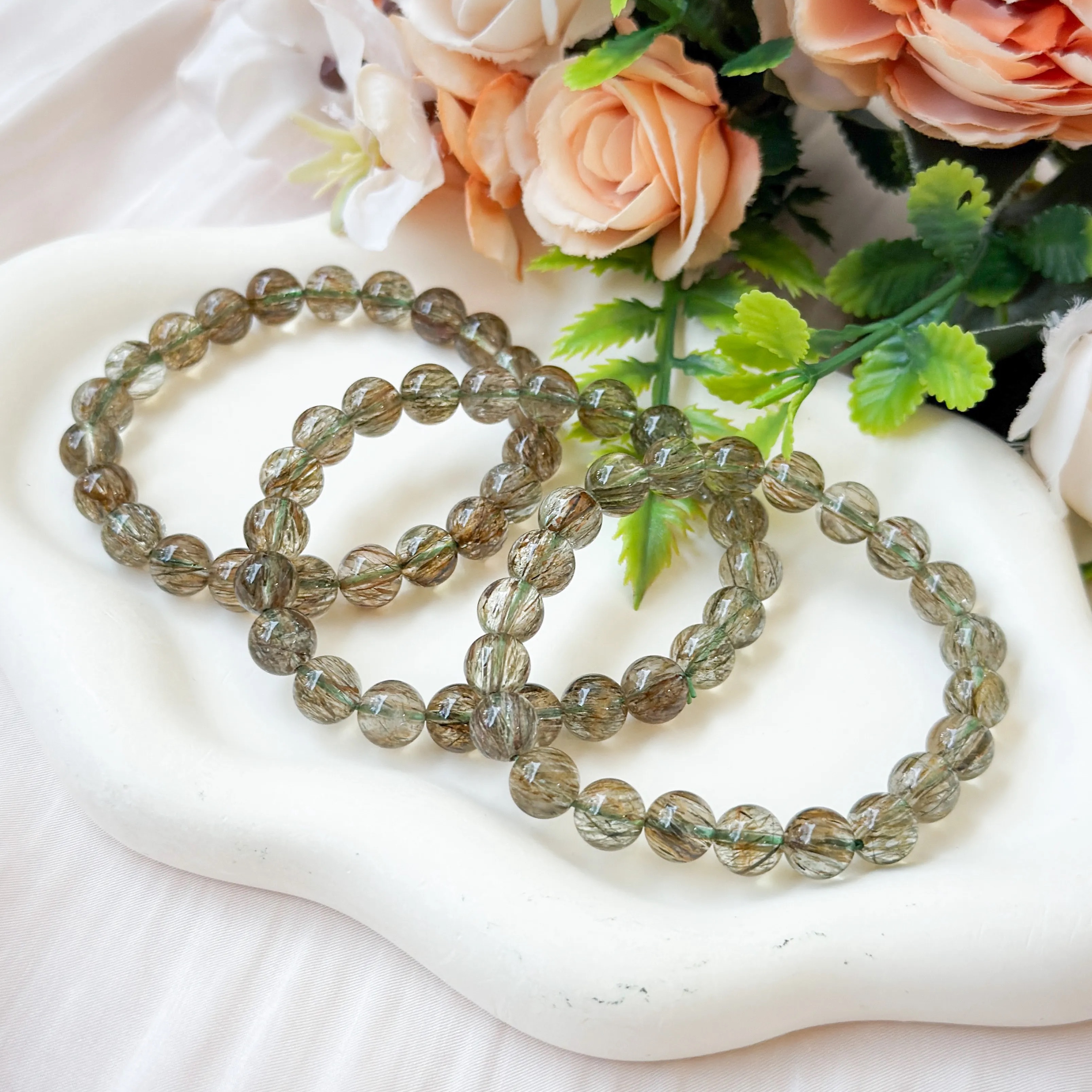Green Tourmalinated Quartz 8+mm AAA+ Bracelet