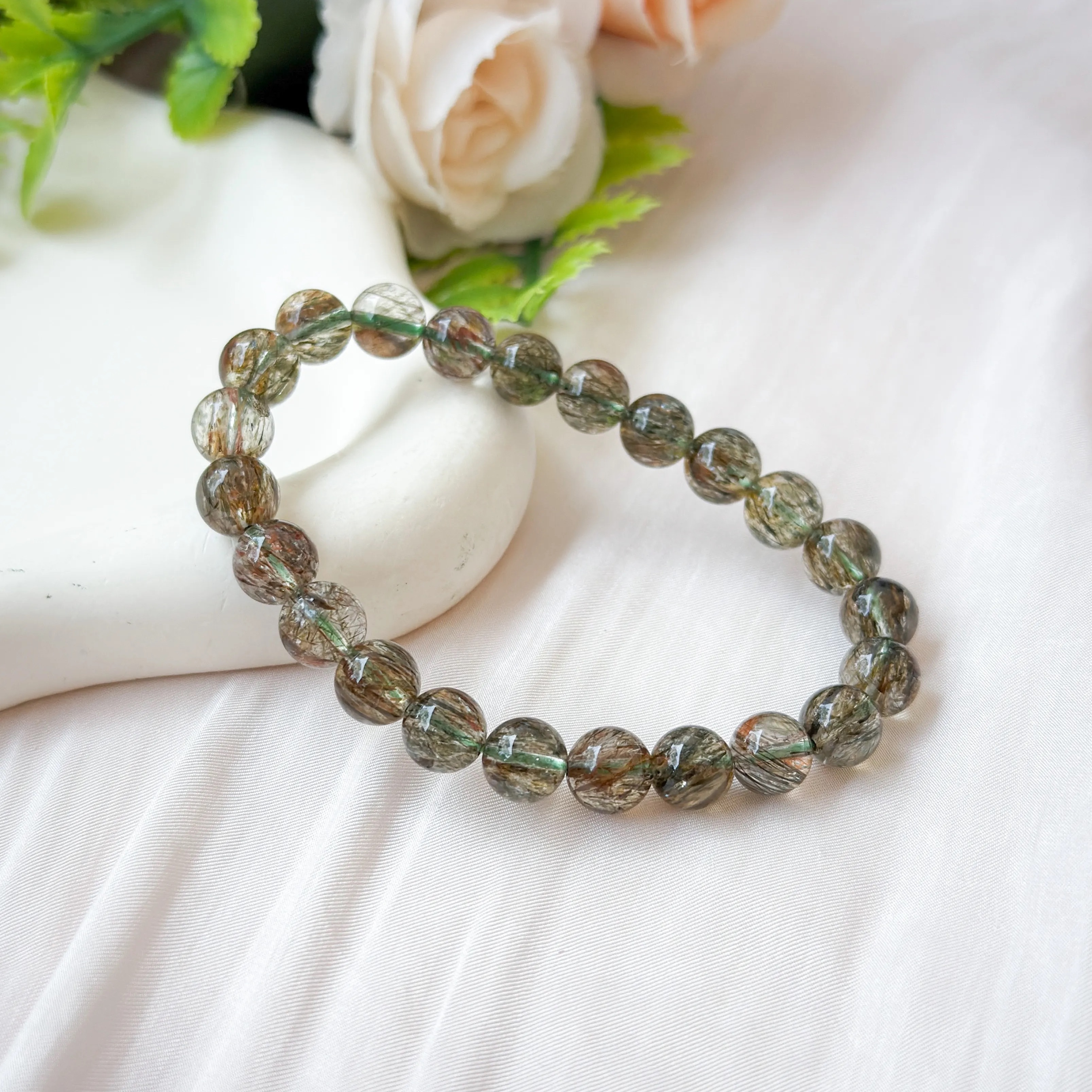 Green Tourmalinated Quartz 7+mm AAA+ Bracelet