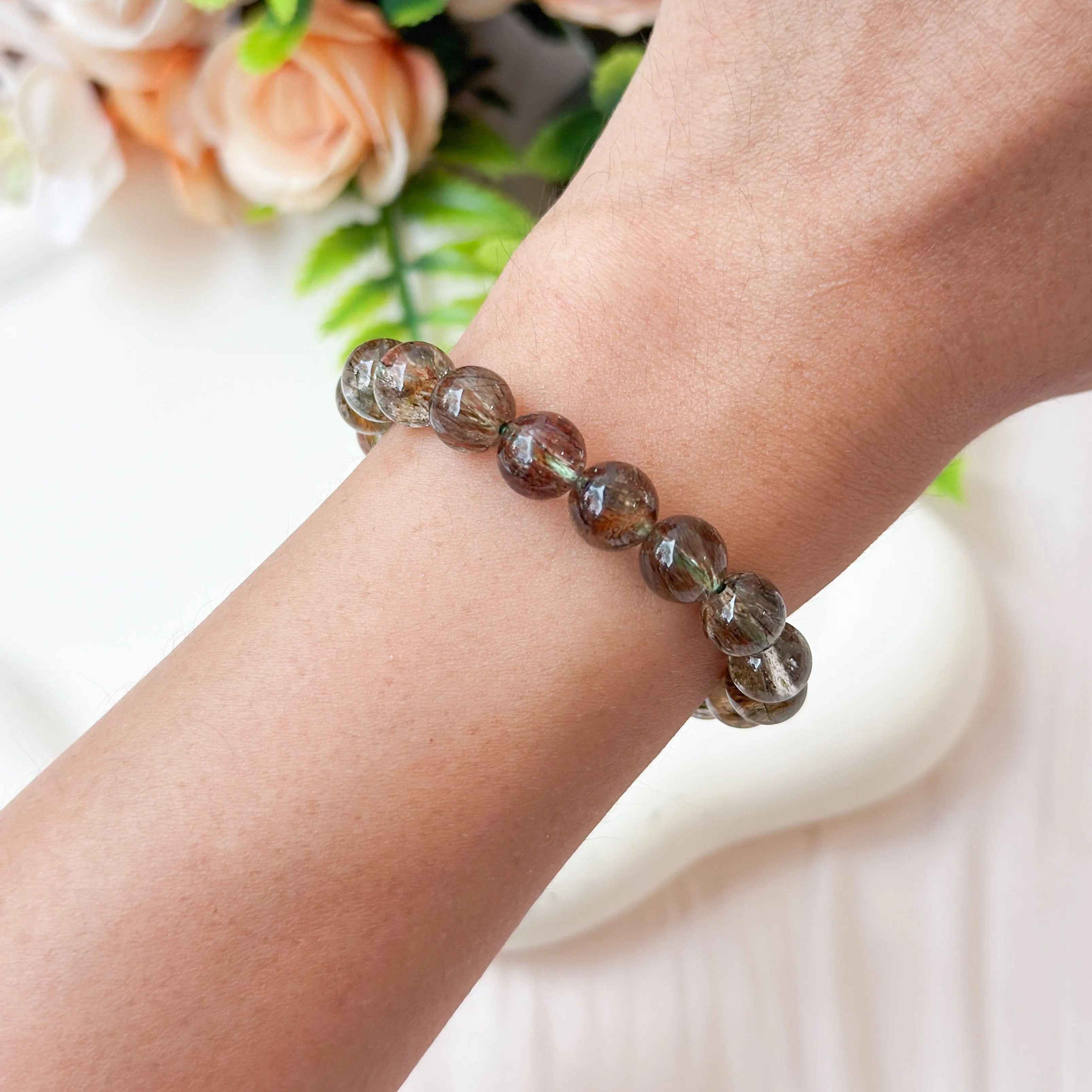 Green Tourmalinated Quartz 7+mm AAA+ Bracelet