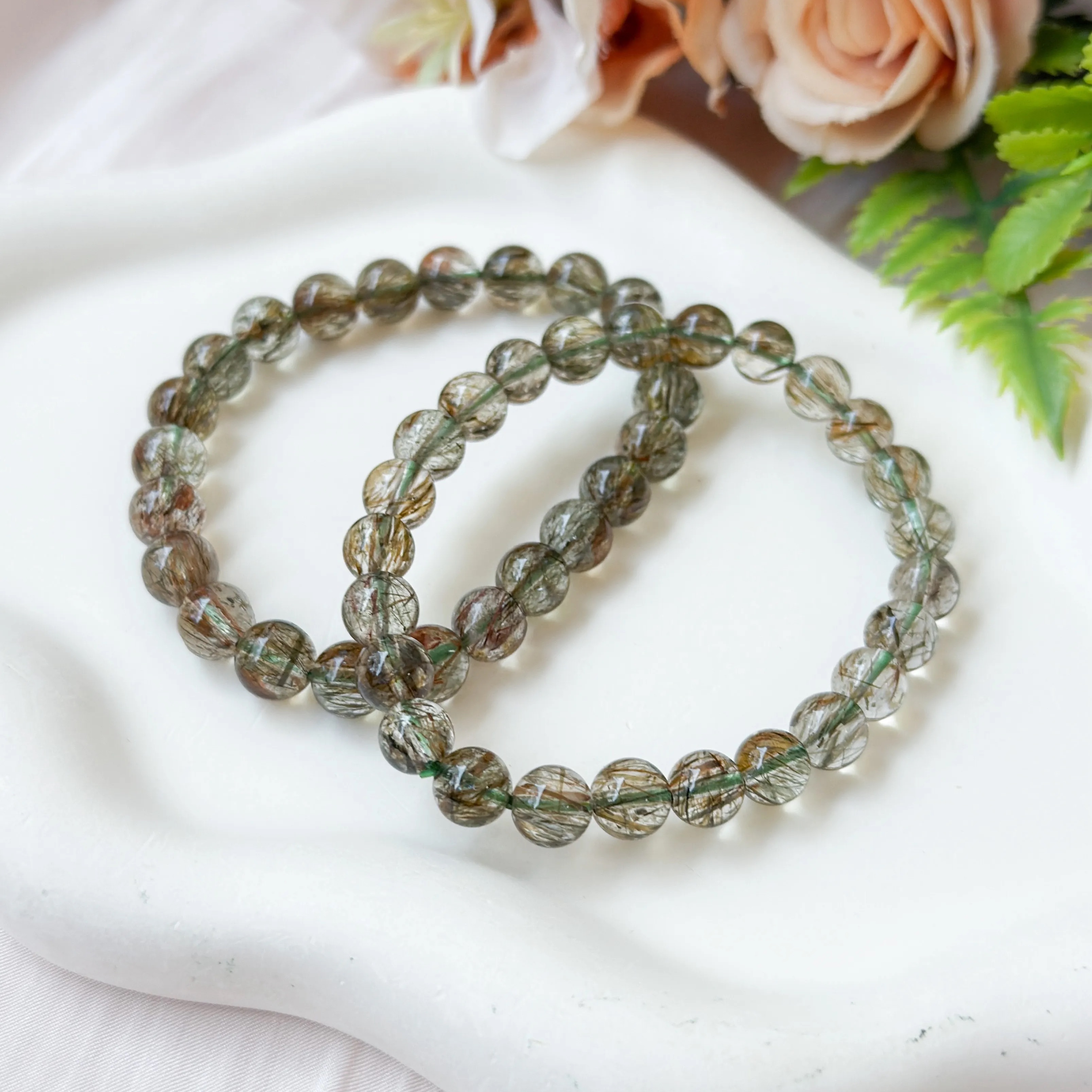 Green Tourmalinated Quartz 7+mm AAA+ Bracelet