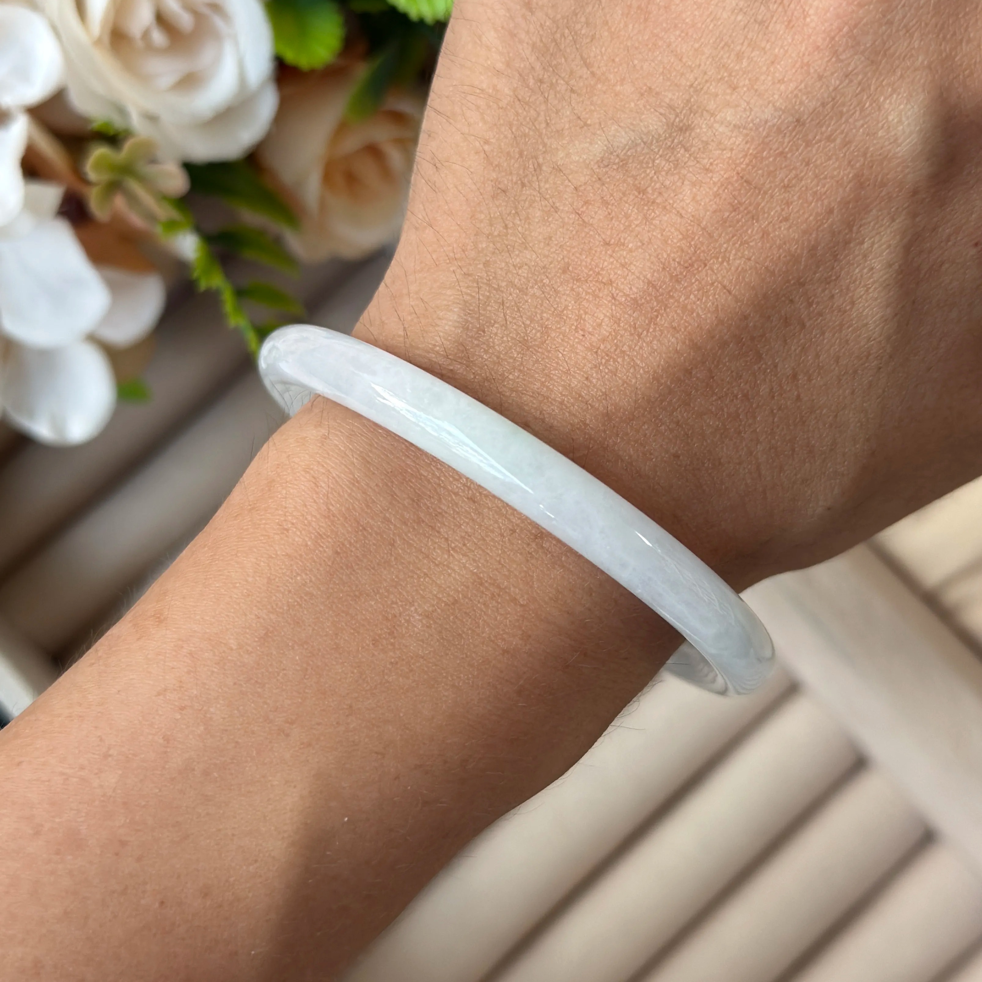 Grade A Frosty Green Jade Xi Tiao Bangle - S54+/23.9g