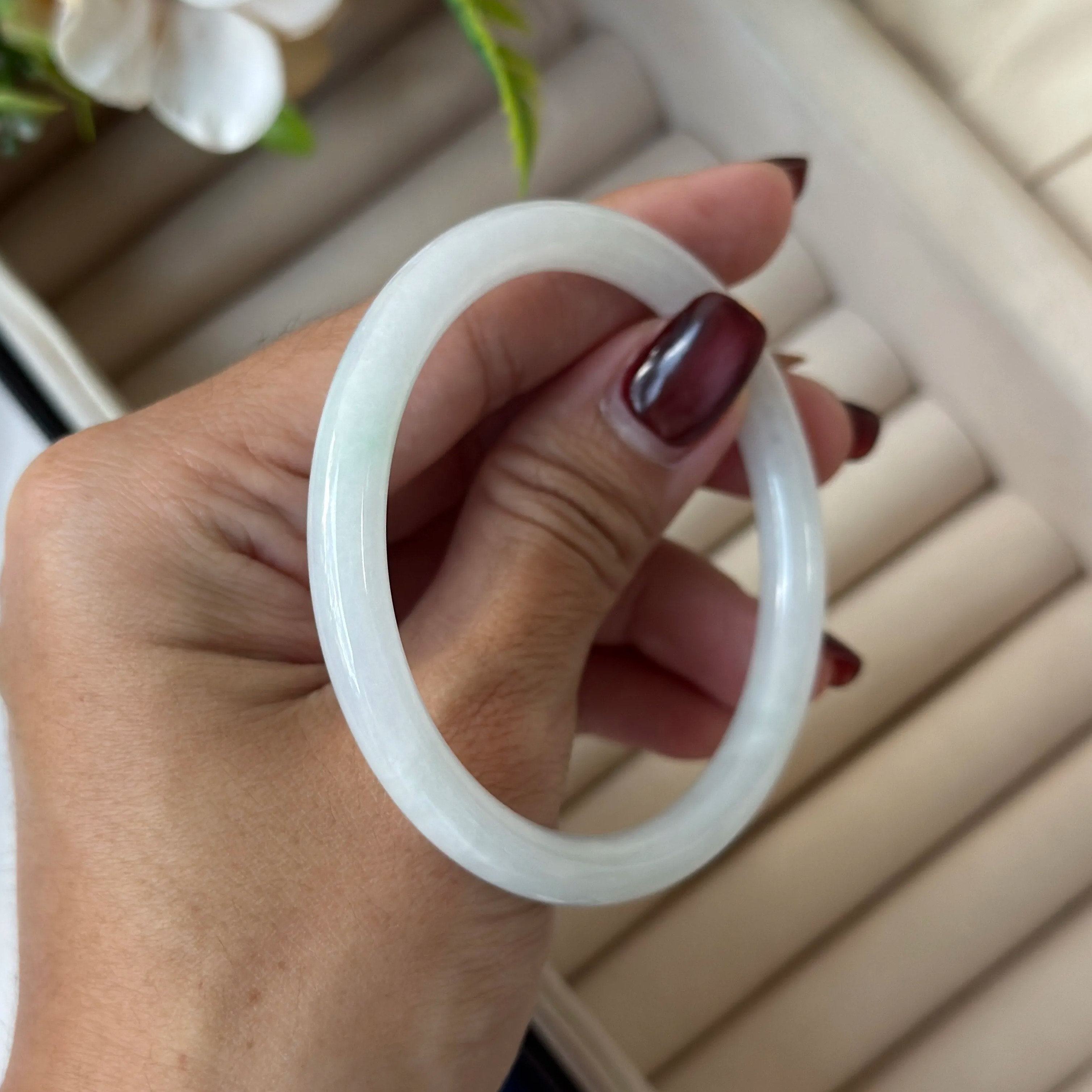 Grade A Frosty Green Jade Xi Tiao Bangle - S54+/23.9g