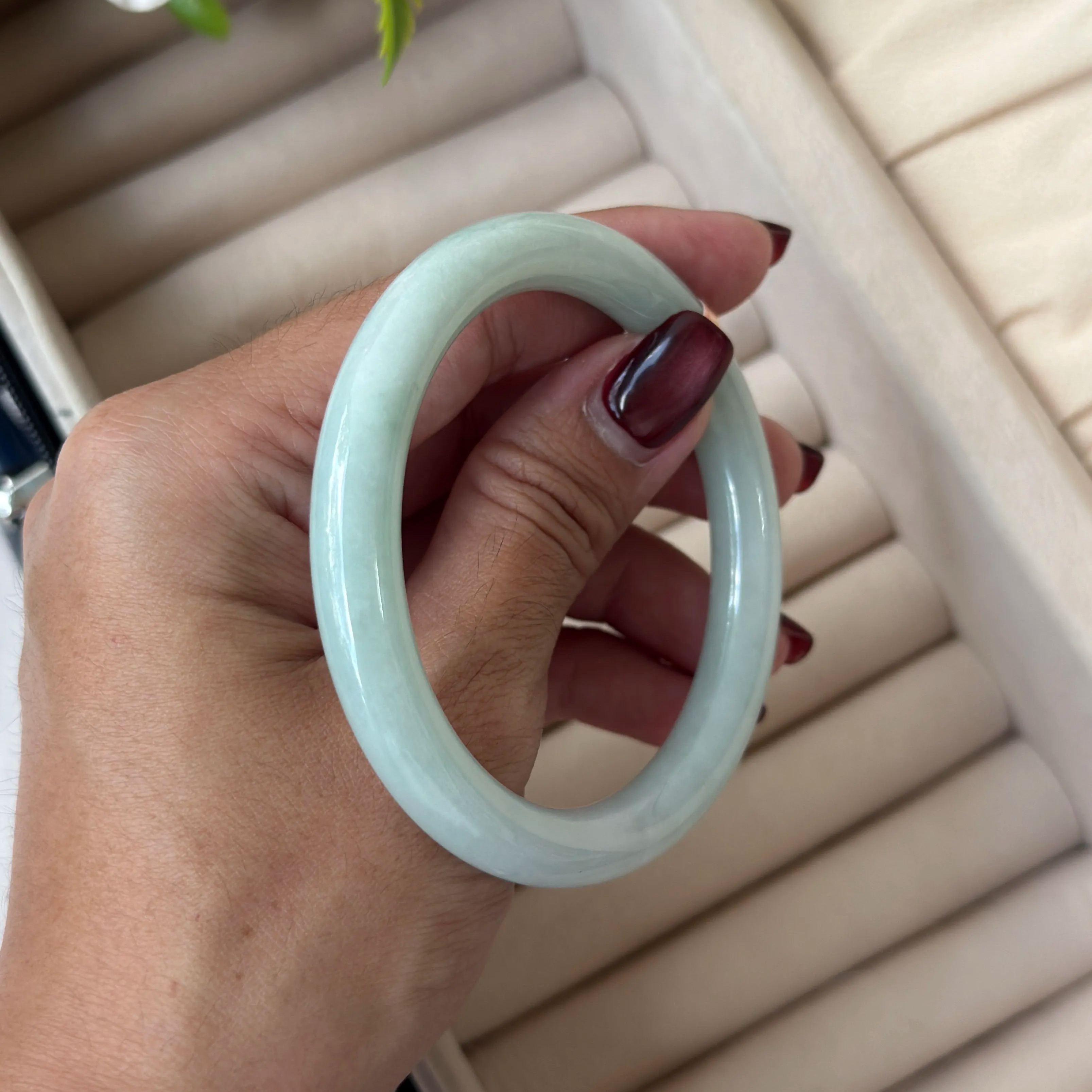 Grade A Frosty Green Jade Yuan Tiao Bangle - S55+/38.8g