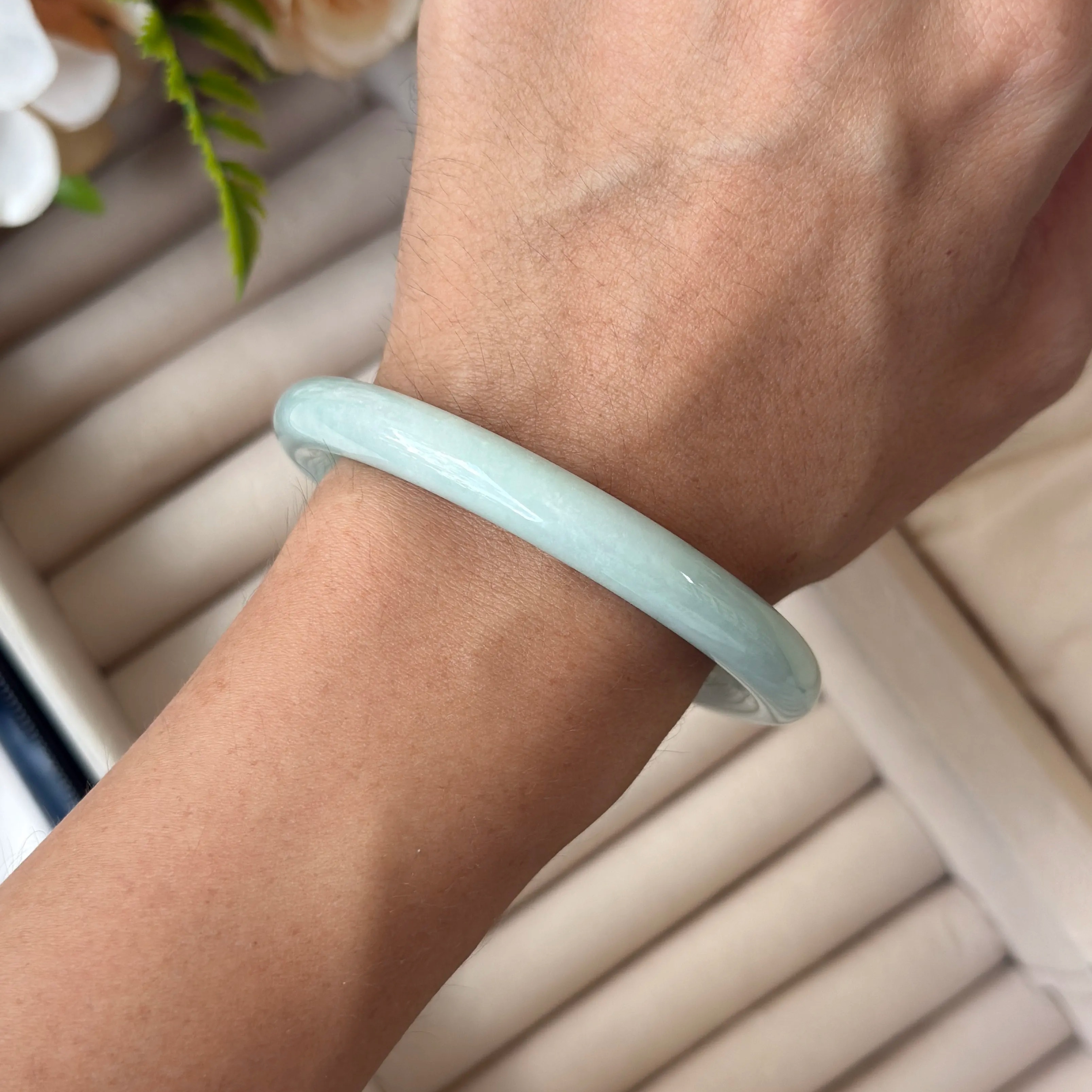 Grade A Frosty Green Jade Yuan Tiao Bangle - S55+/38.8g