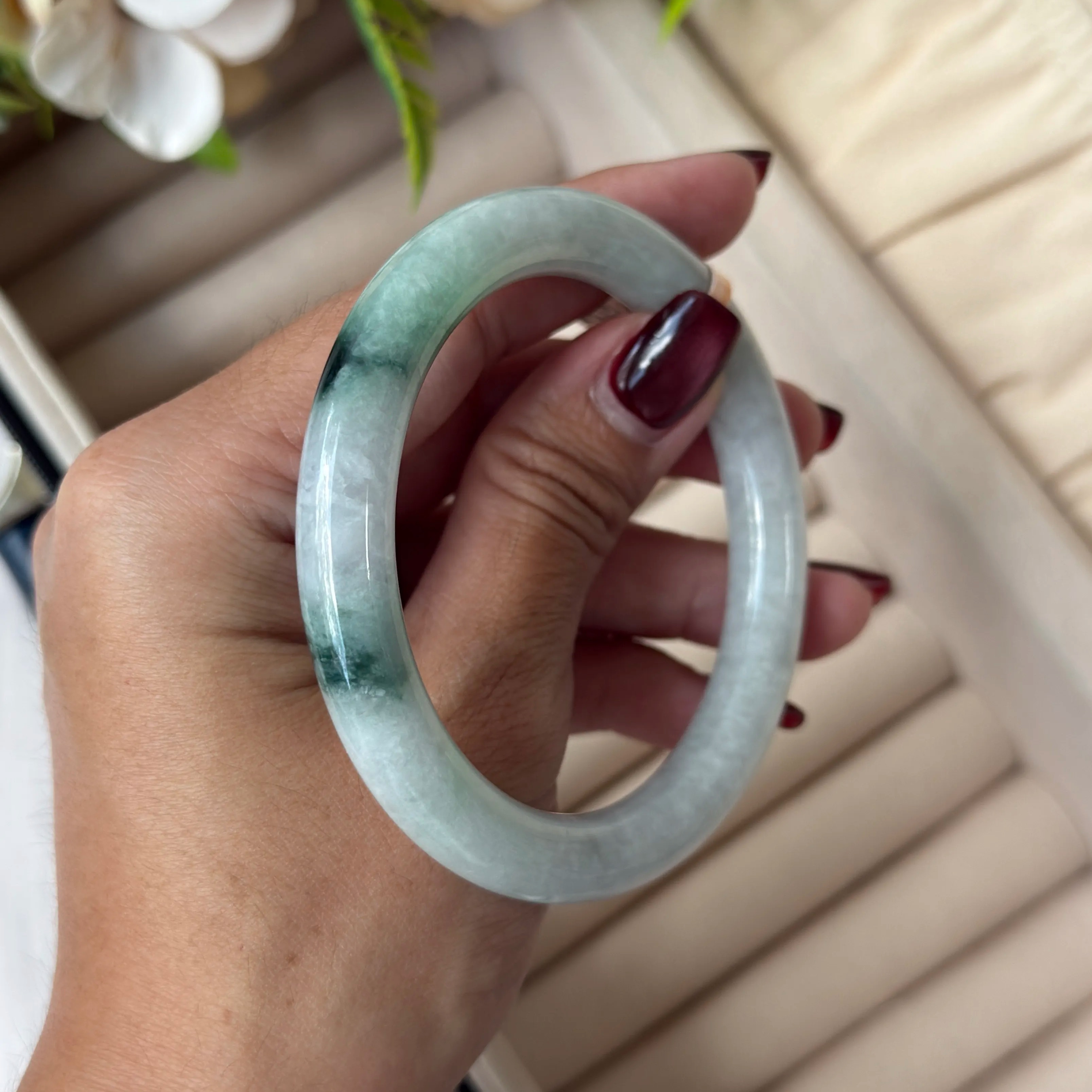 Grade A Mystic Flora Green Yuan Tiao Jade Bangle - S57/45.5g