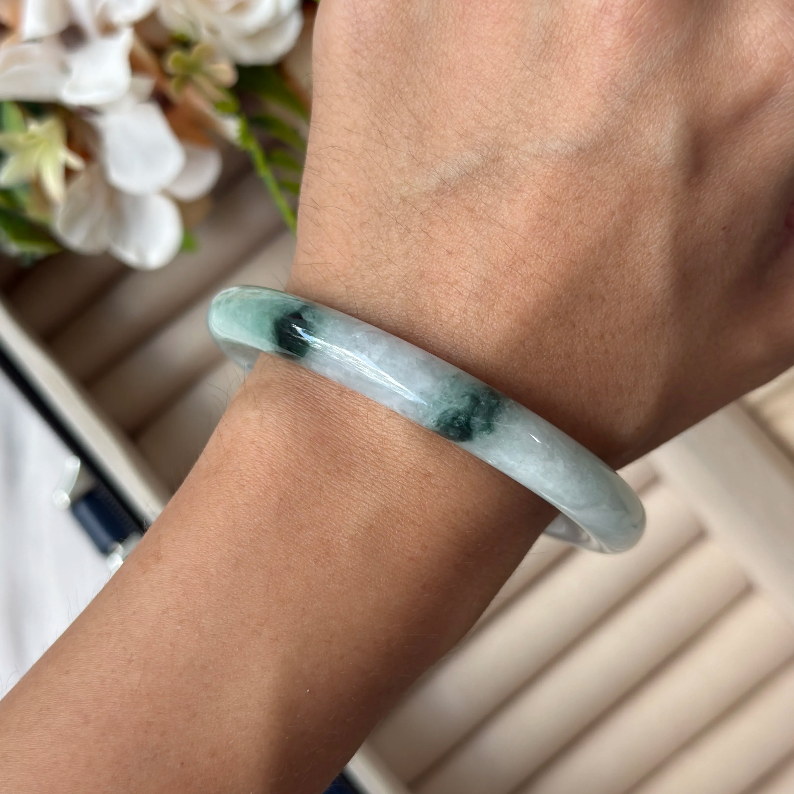 Grade A Mystic Flora Green Yuan Tiao Jade Bangle - S57/45.5g