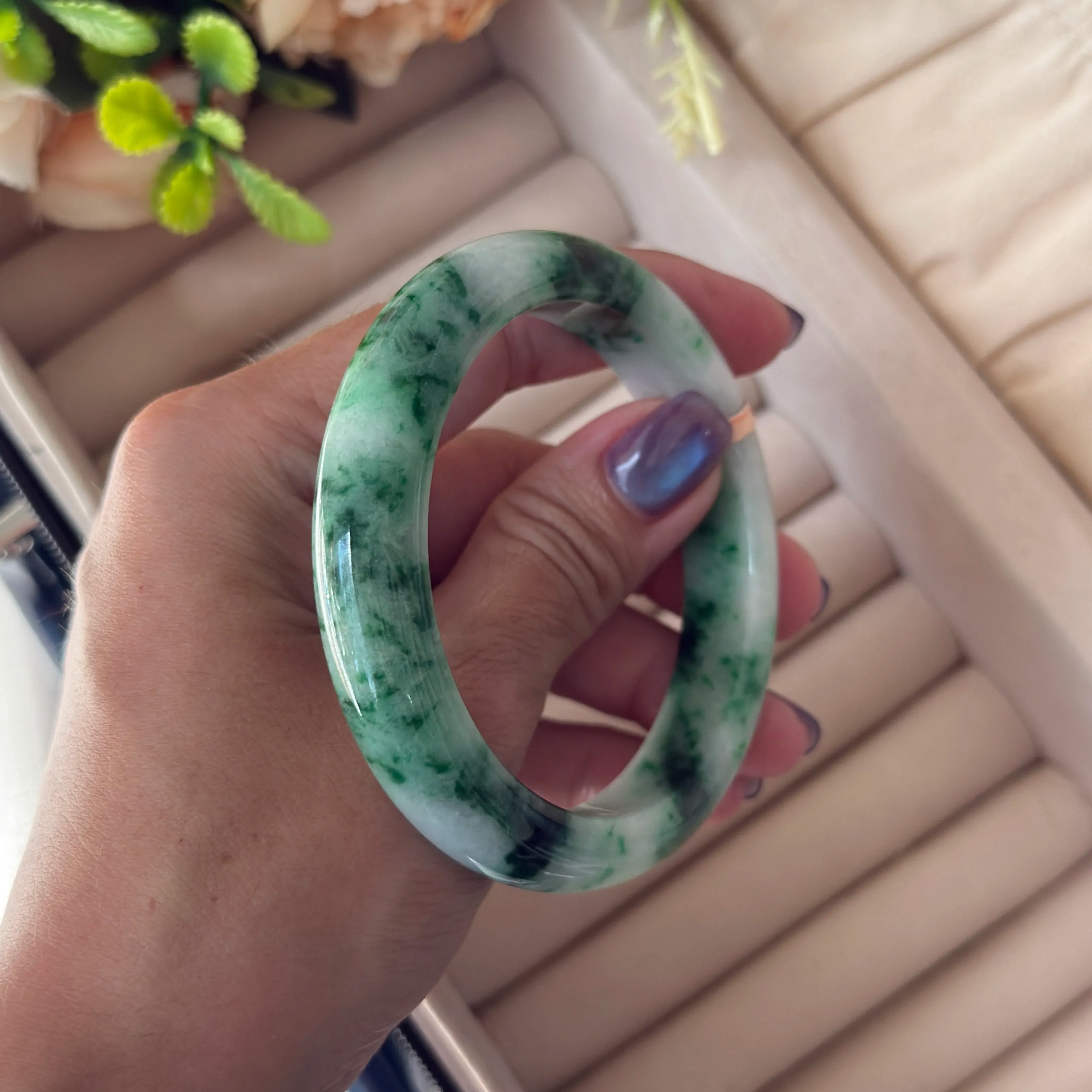 Grade A Monstera Flora Green Jade Bangle - S57+/60g