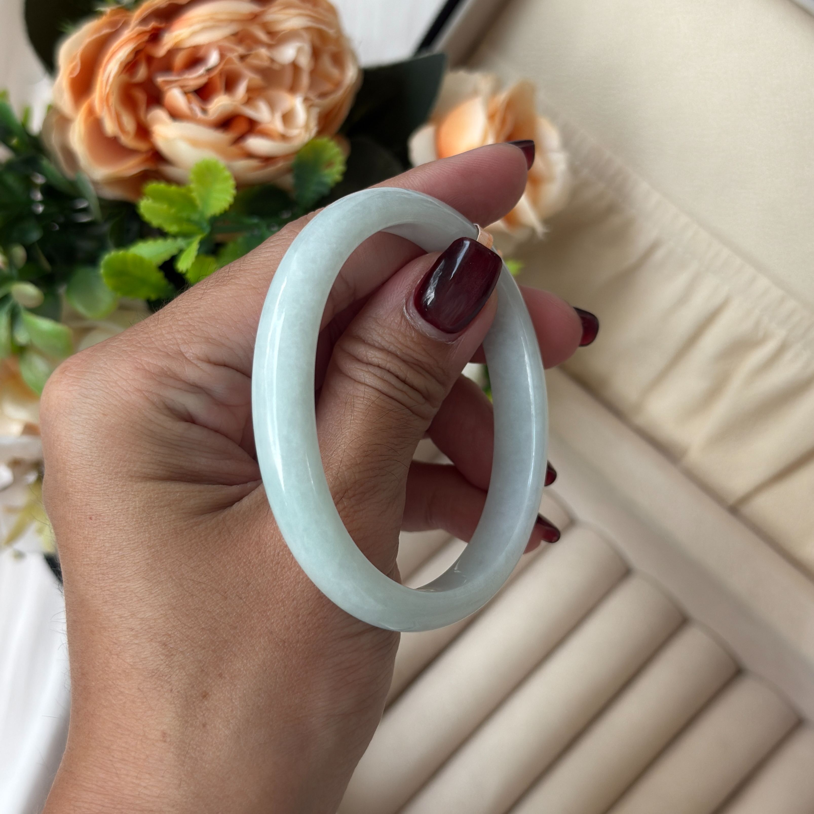 Grade A Mist Green Oval Jade Bangle - S56/31g