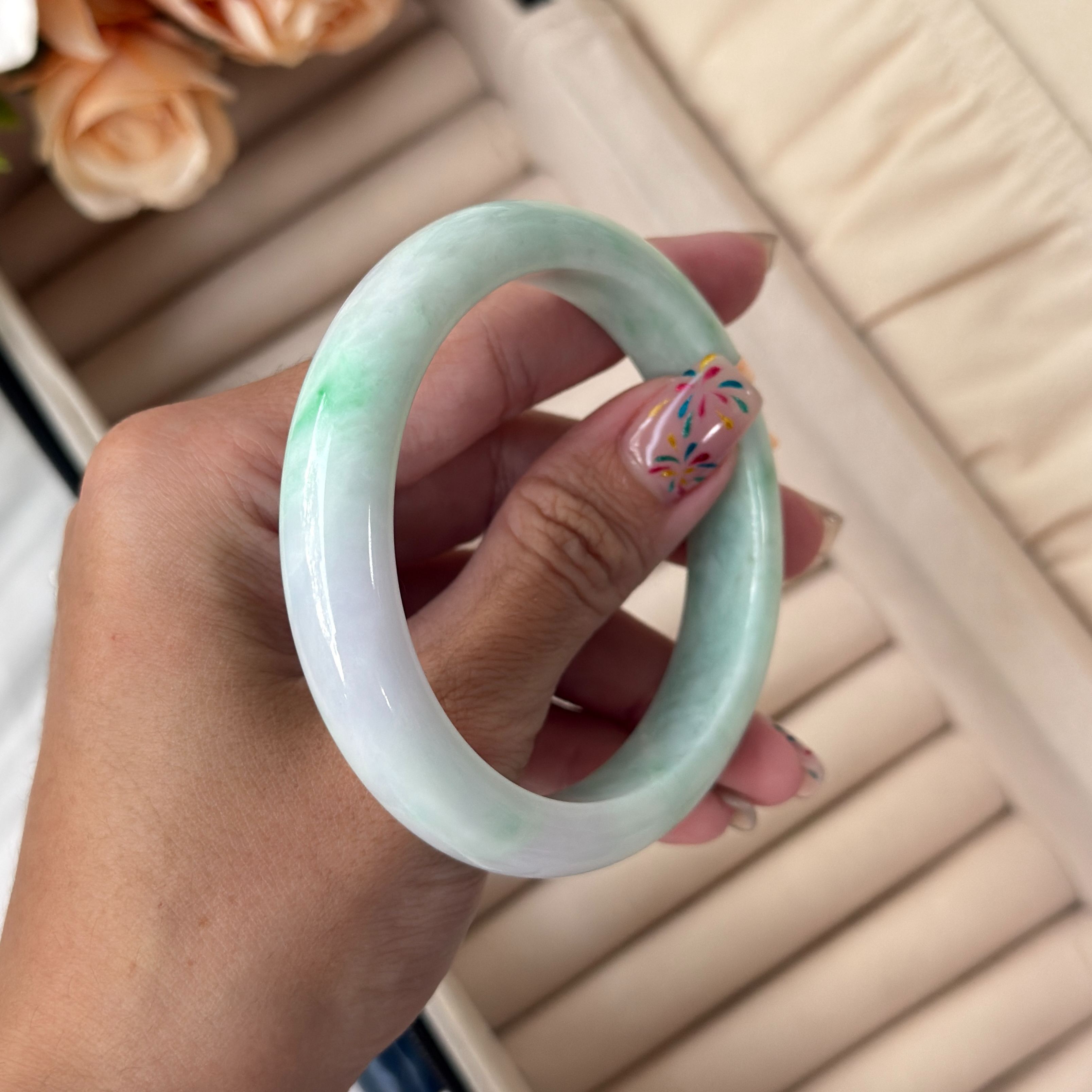 Grade A Lavender Flora Green Jade Bangle - S58/60.9g