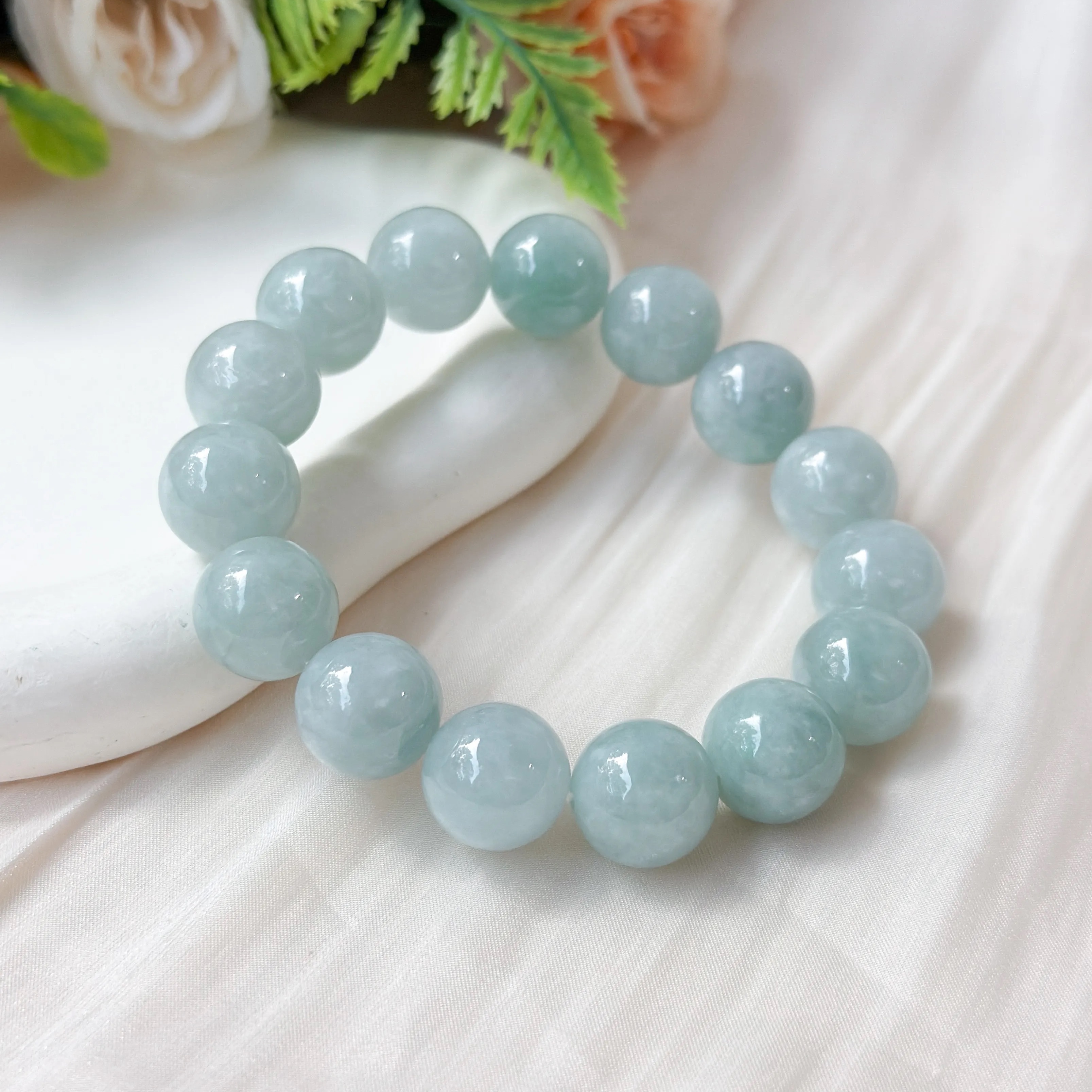 Grade A Jelly Pea Green Jade 14+mm Bracelet