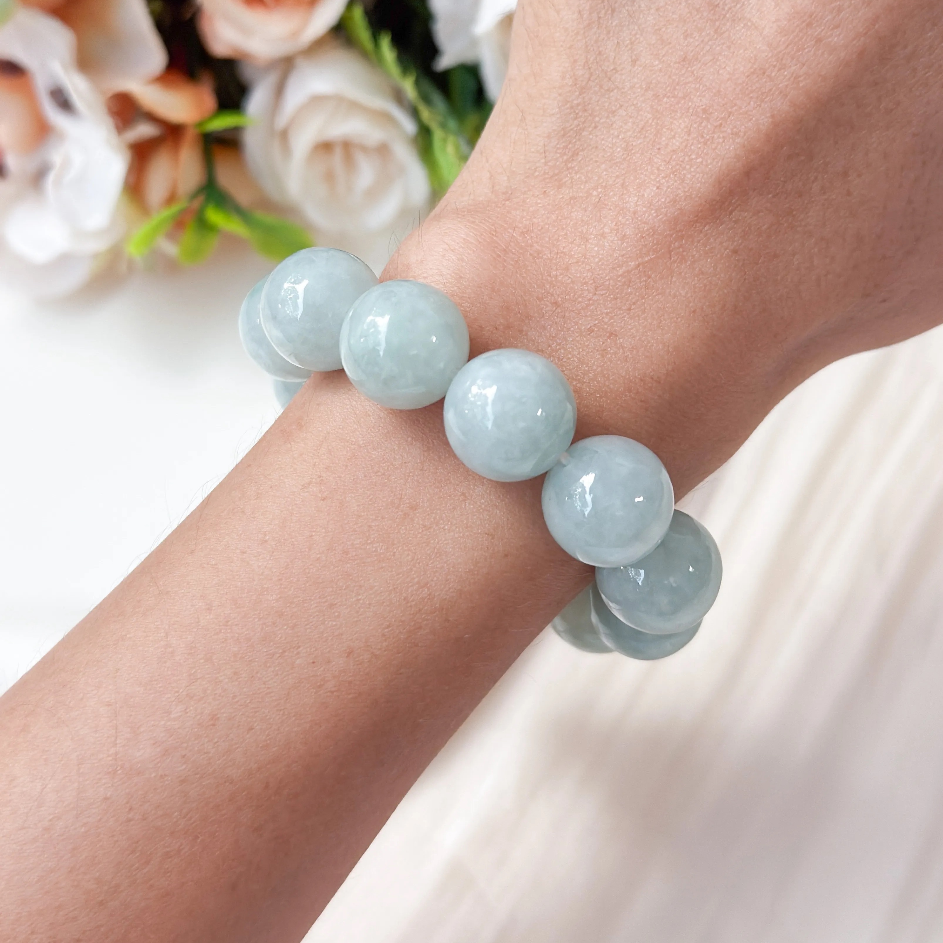 Grade A Jelly Pea Green Jade 14+mm Bracelet