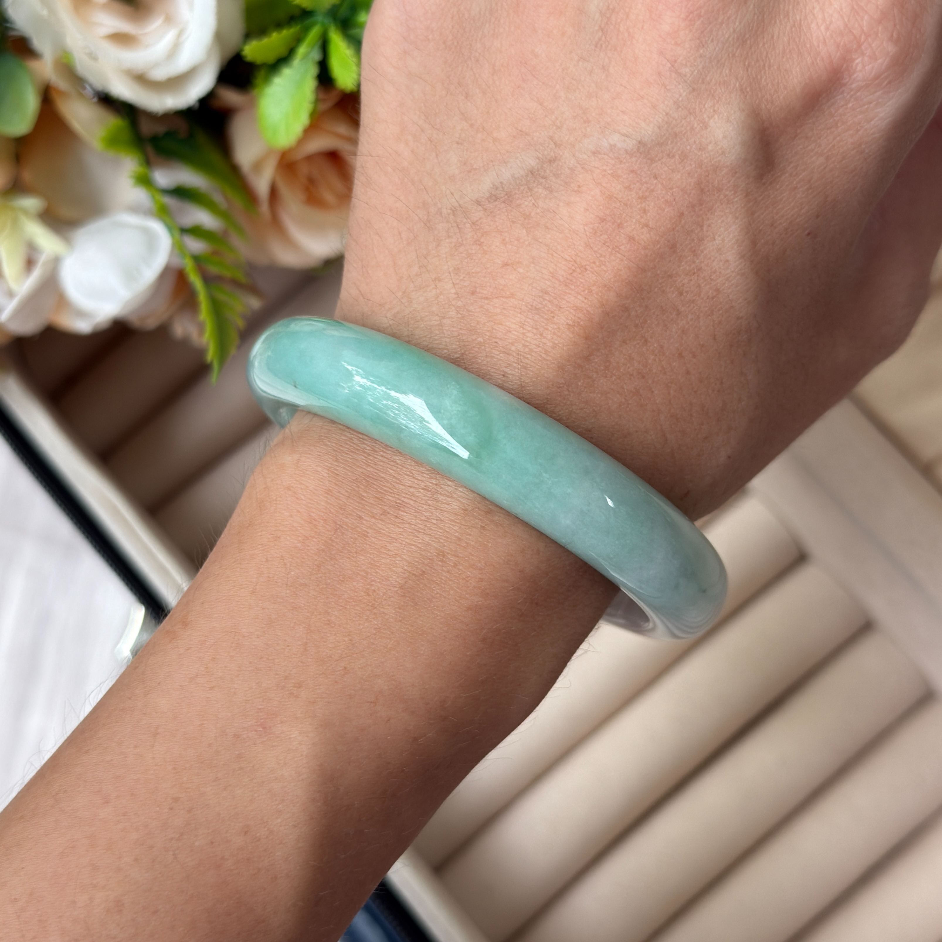 Grade A Apple Mist Jade Bangle - S56+/58g